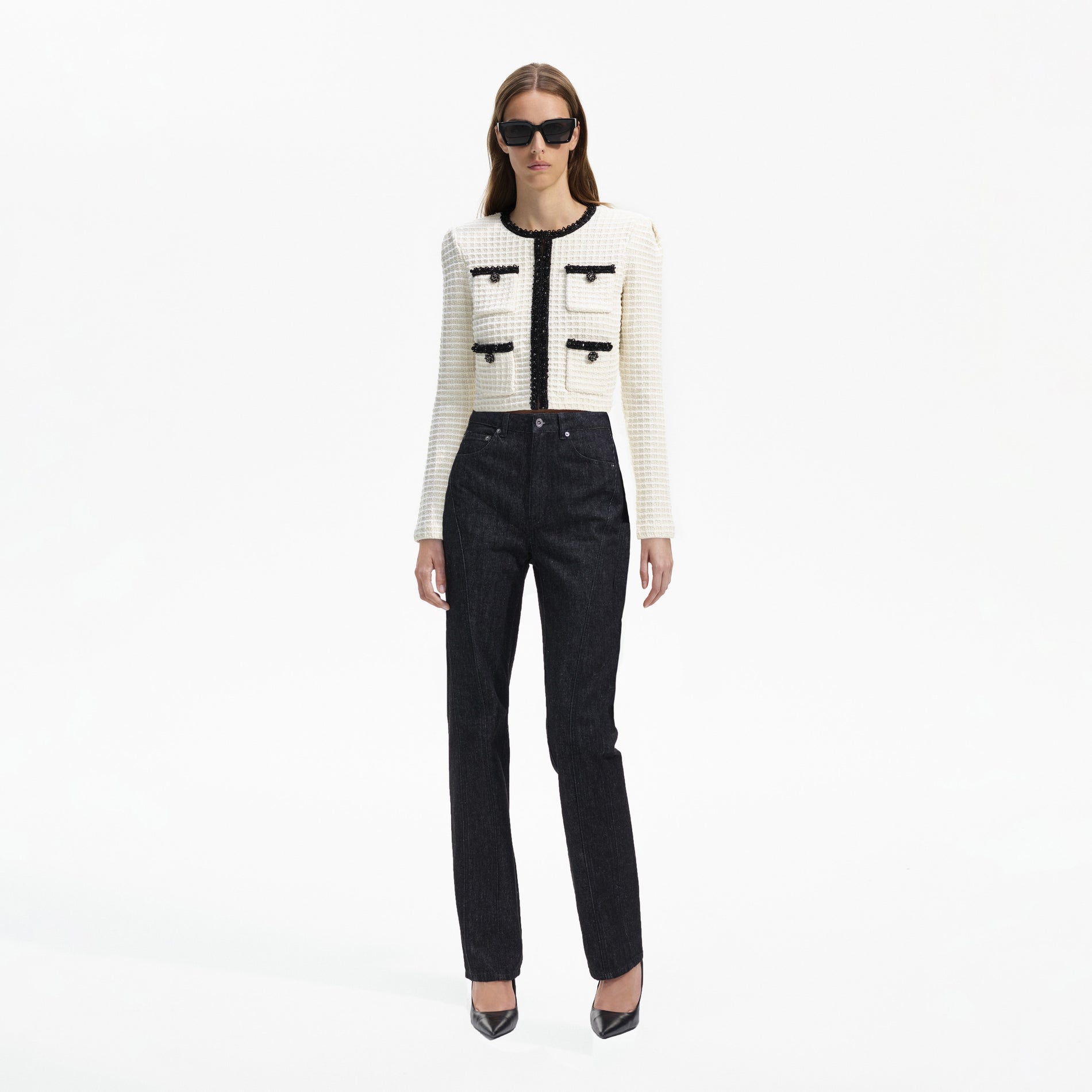 Front view of a woman wearing the Cream Textured Knit Cardigan