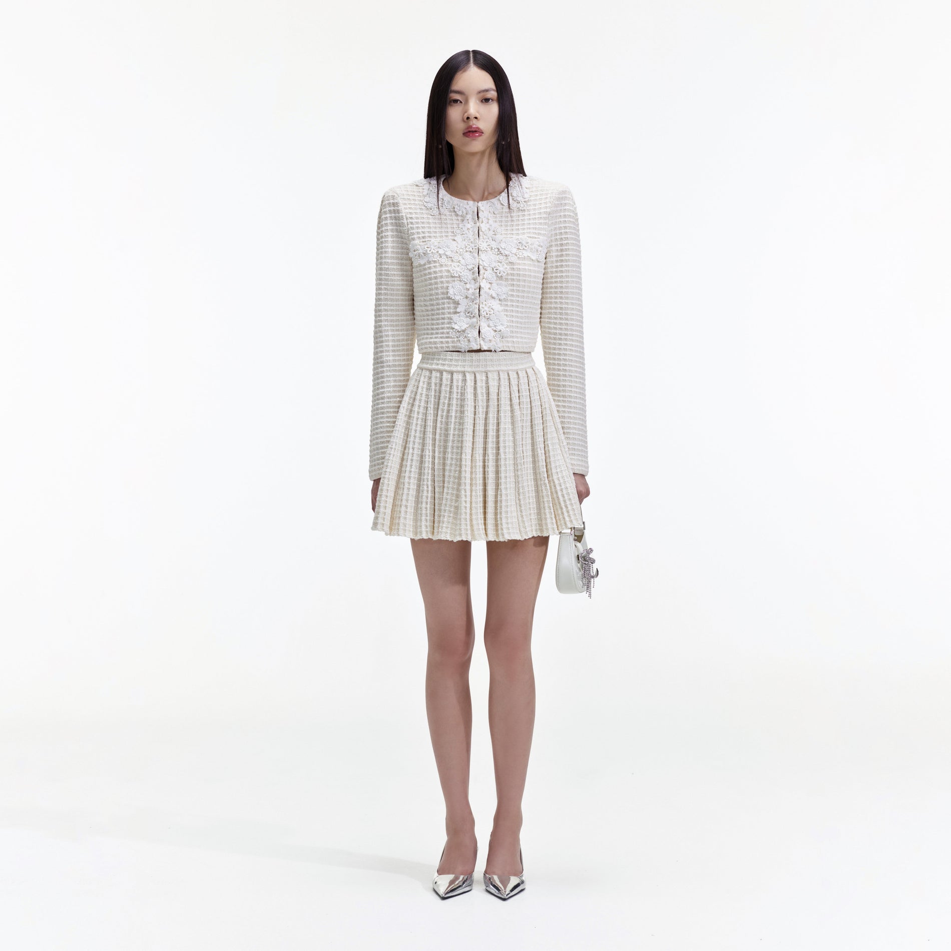 Cream Knit Floral Trim Cardigan