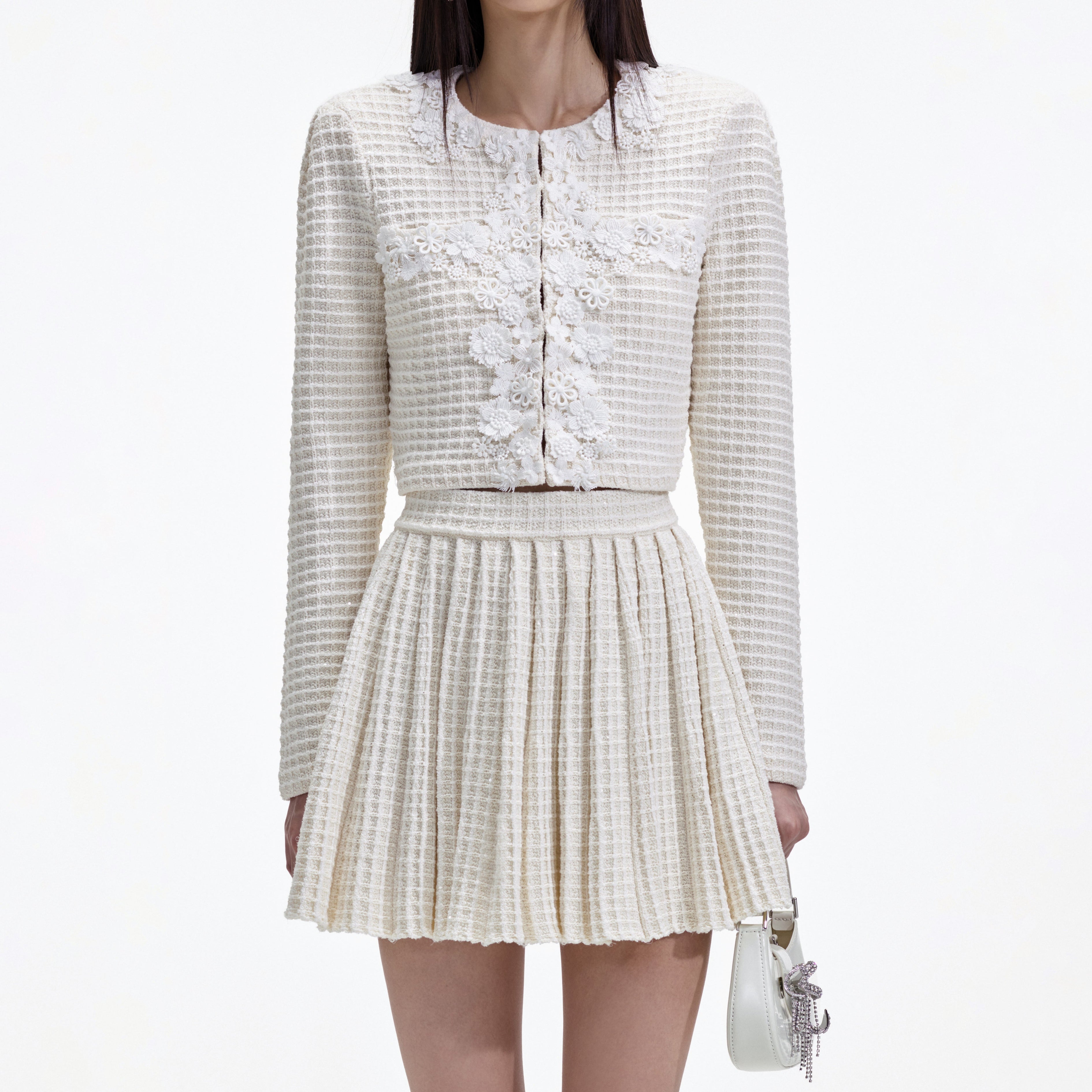 Cream Knit Floral Trim Cardigan