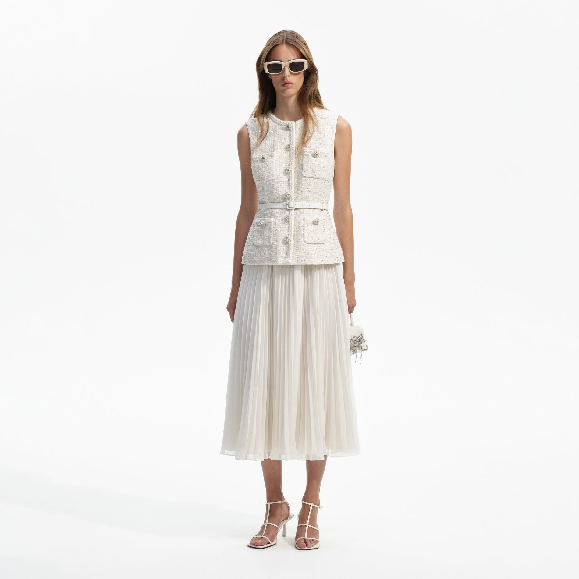 Front view of a woman wearing the Cream Sequin Boucle Tailored Midi Dress