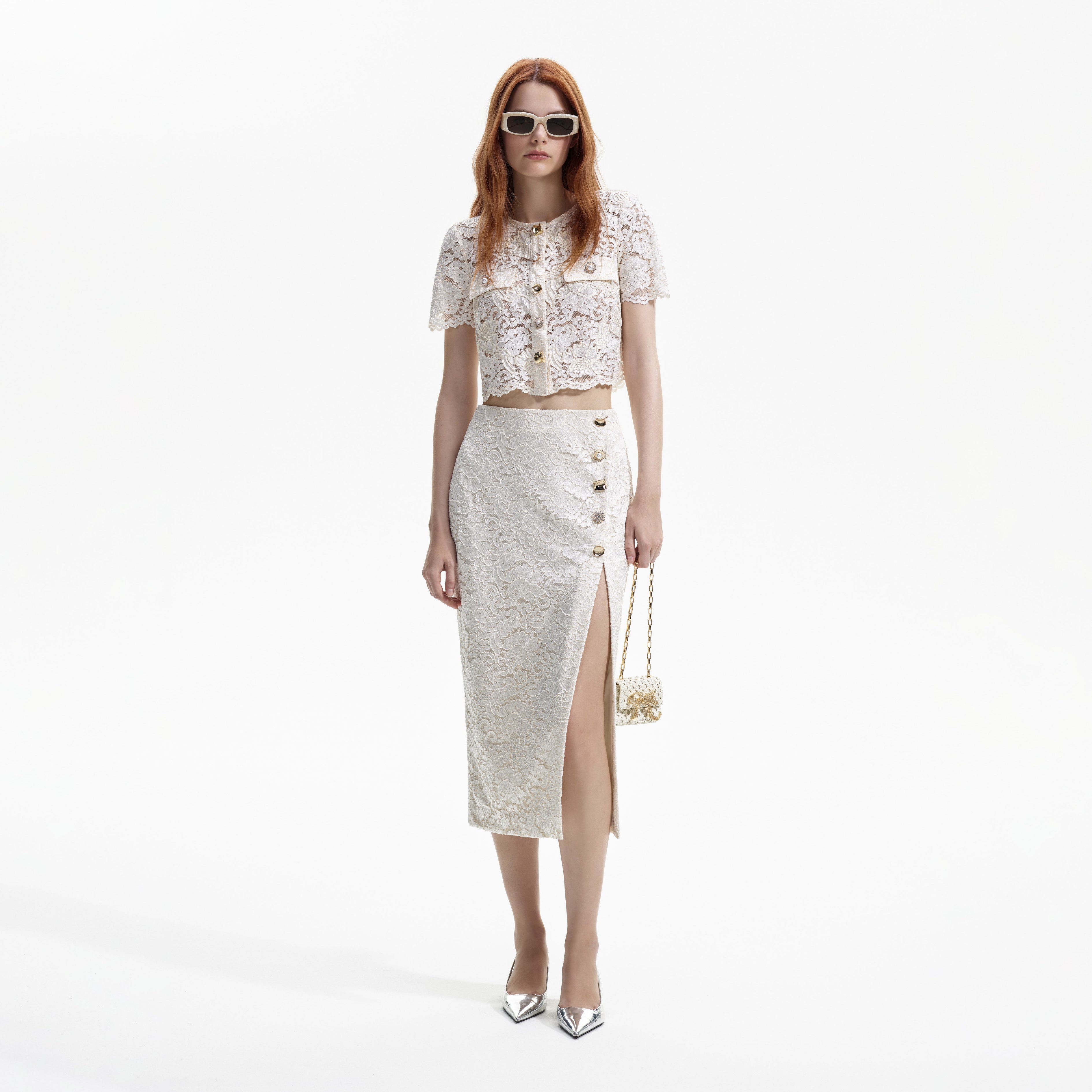 Cream Cord Lace Split Midi Skirt