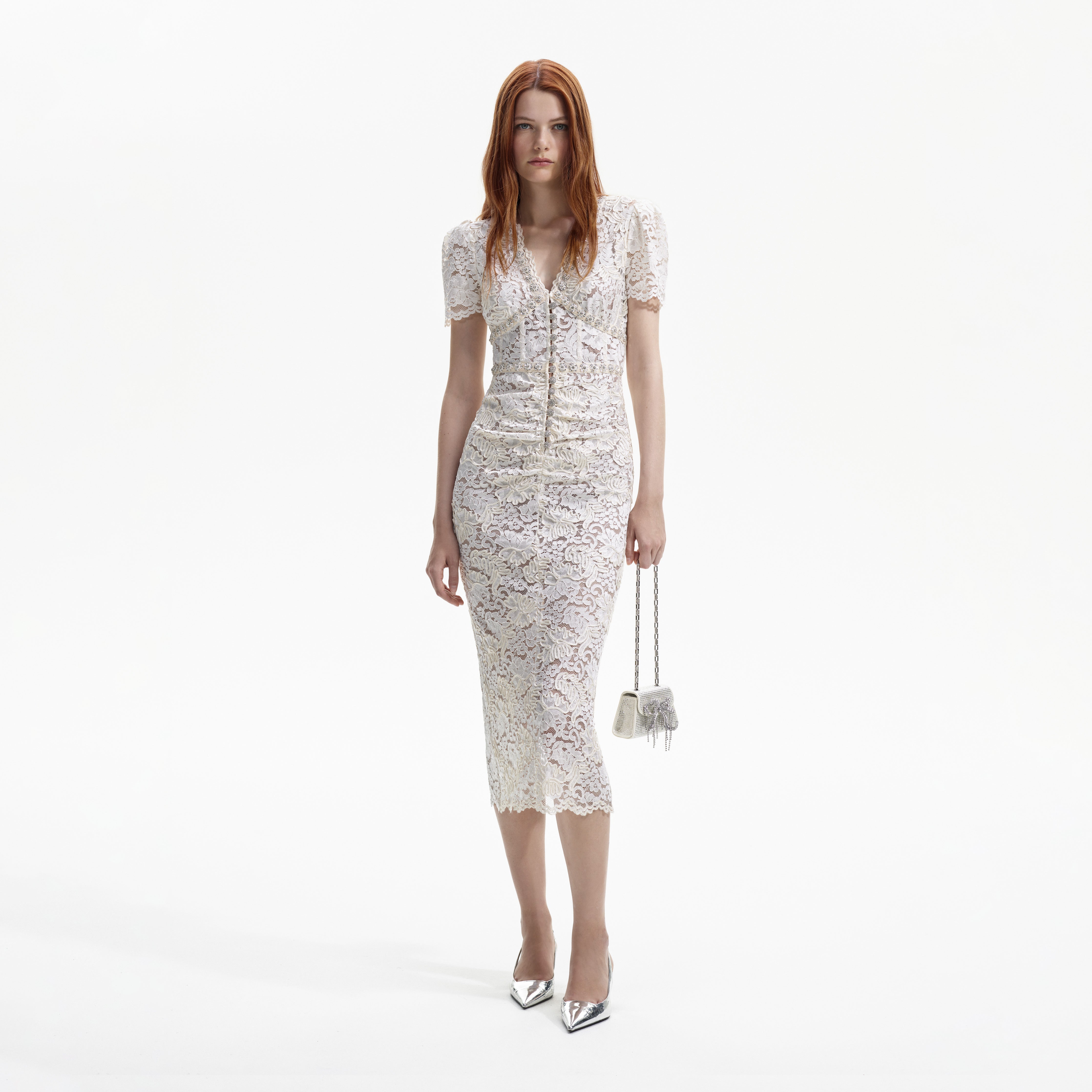 Cream Cord Lace V-Neck Midi Dress – self-portrait-EU