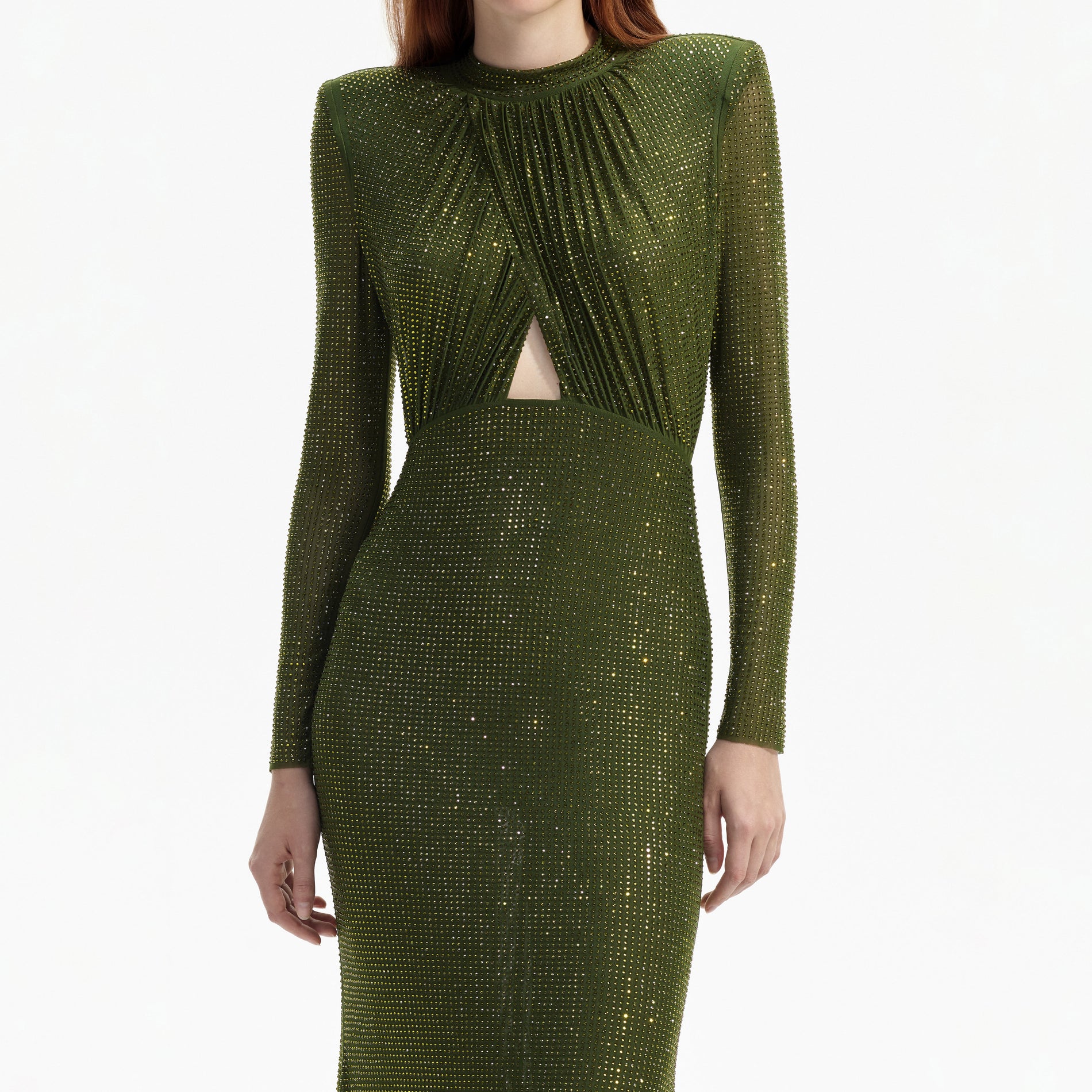 A close up of a woman wearing the Olive Green Rhinestone Maxi Dress