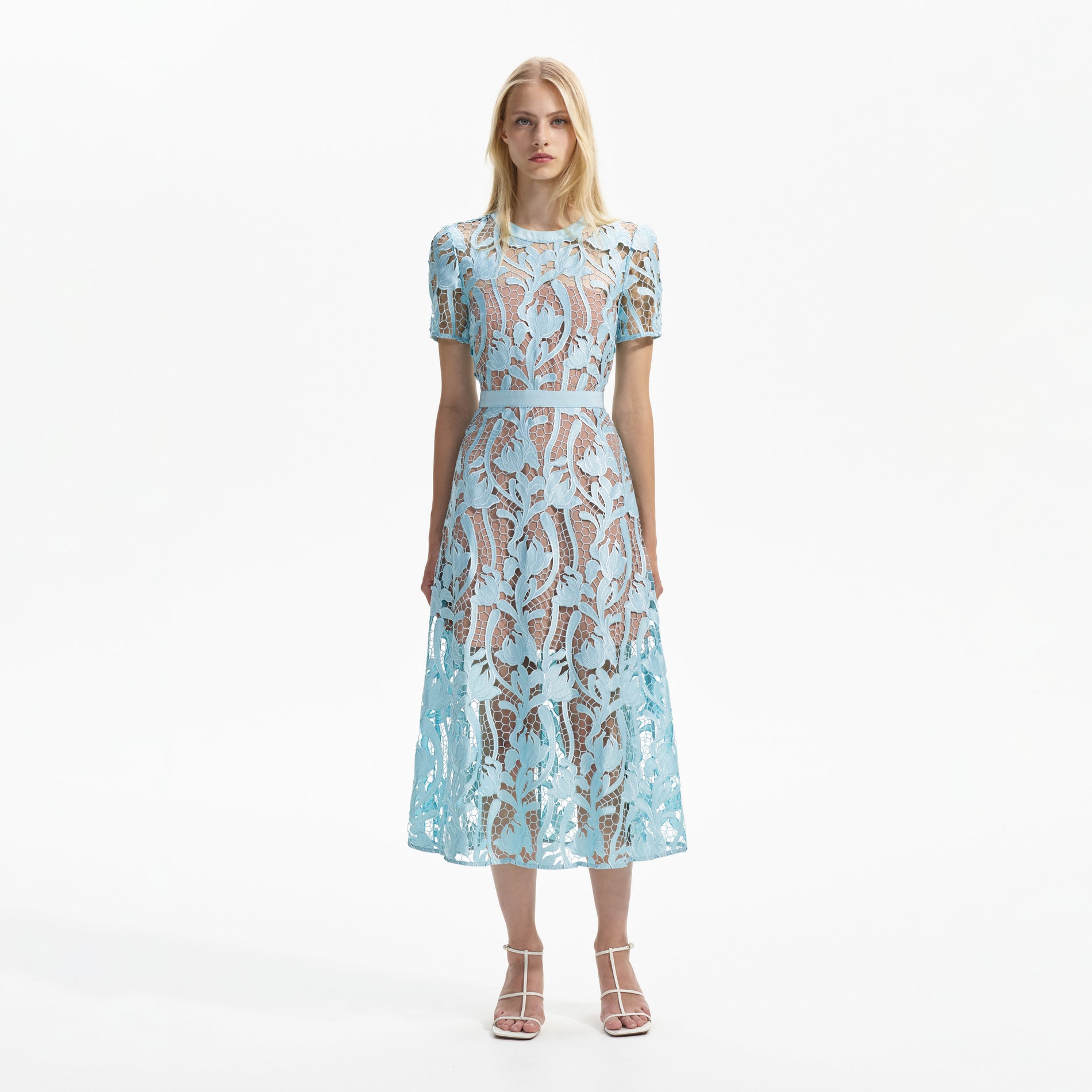 Front view of a woman wearing the Light Blue Lace Midi Dress
