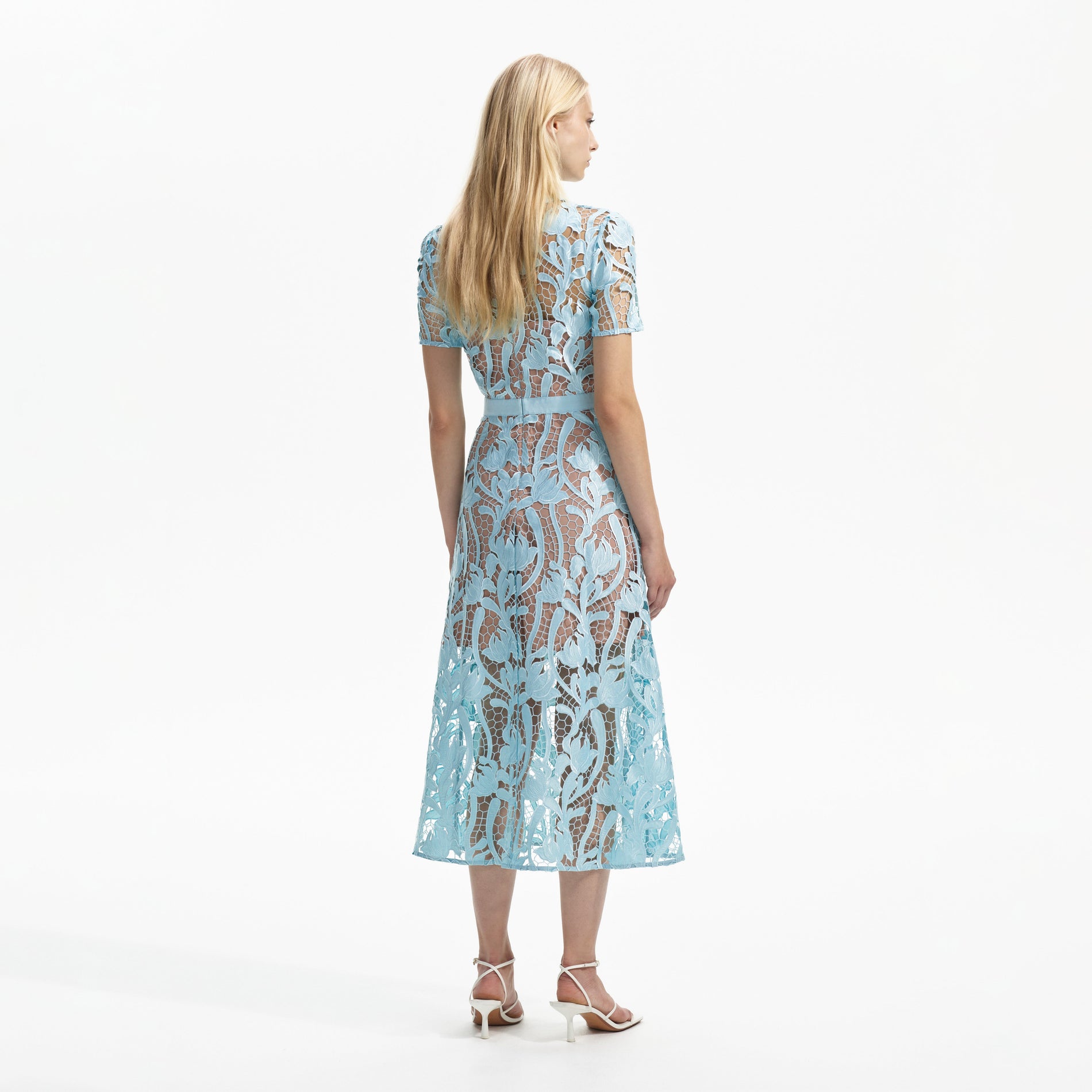 Back view of a woman wearing the Light Blue Lace Midi Dress