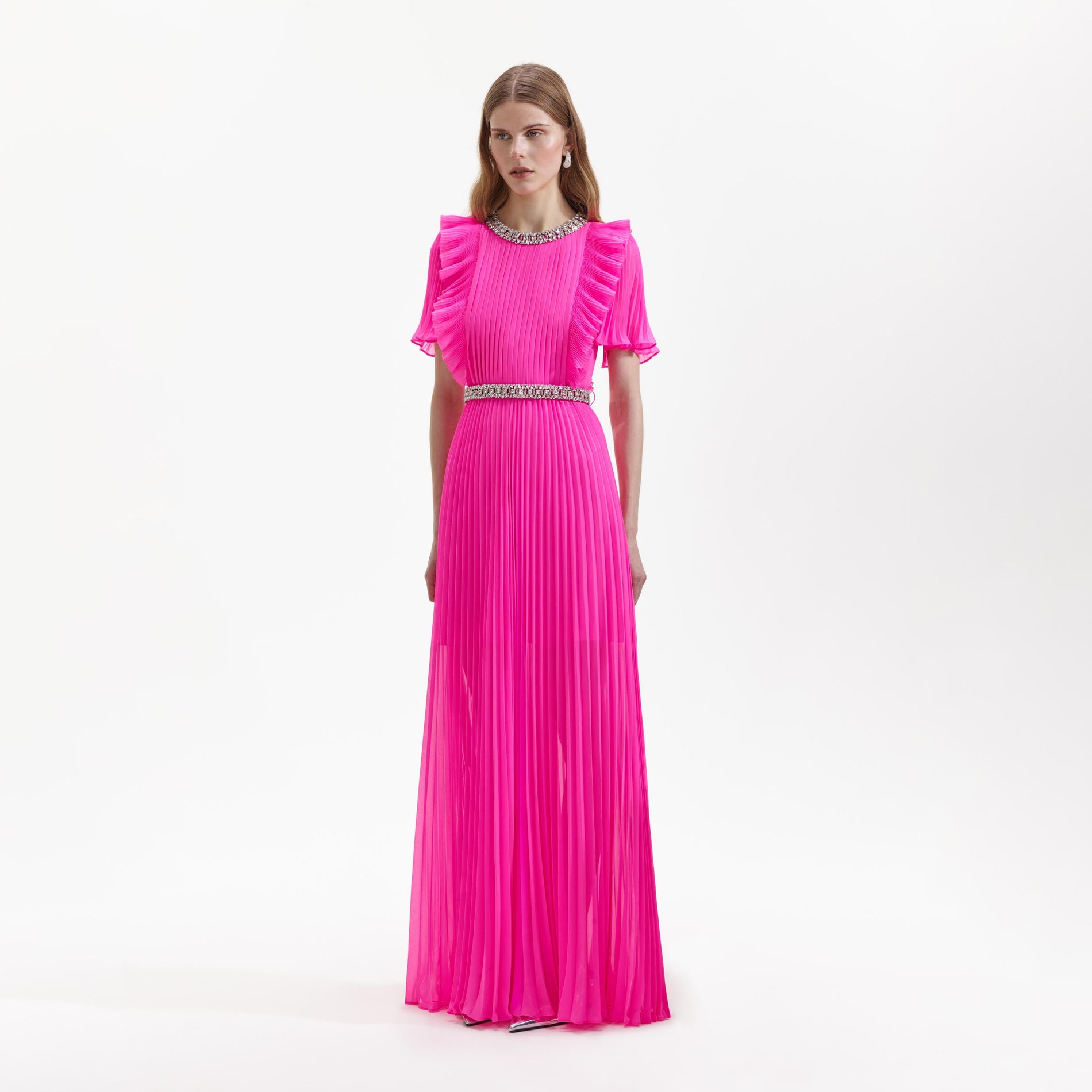 Side view of a woman wearing the Pink Chiffon Diamante Maxi Dress