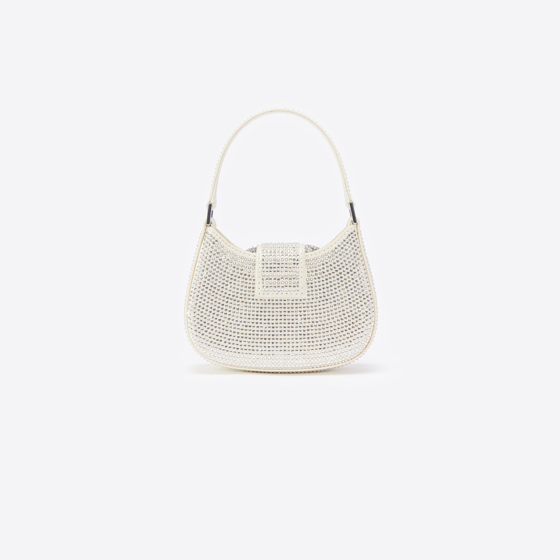 Back view of a woman wearing the Champagne Rhinestone Micro Crescent Bag