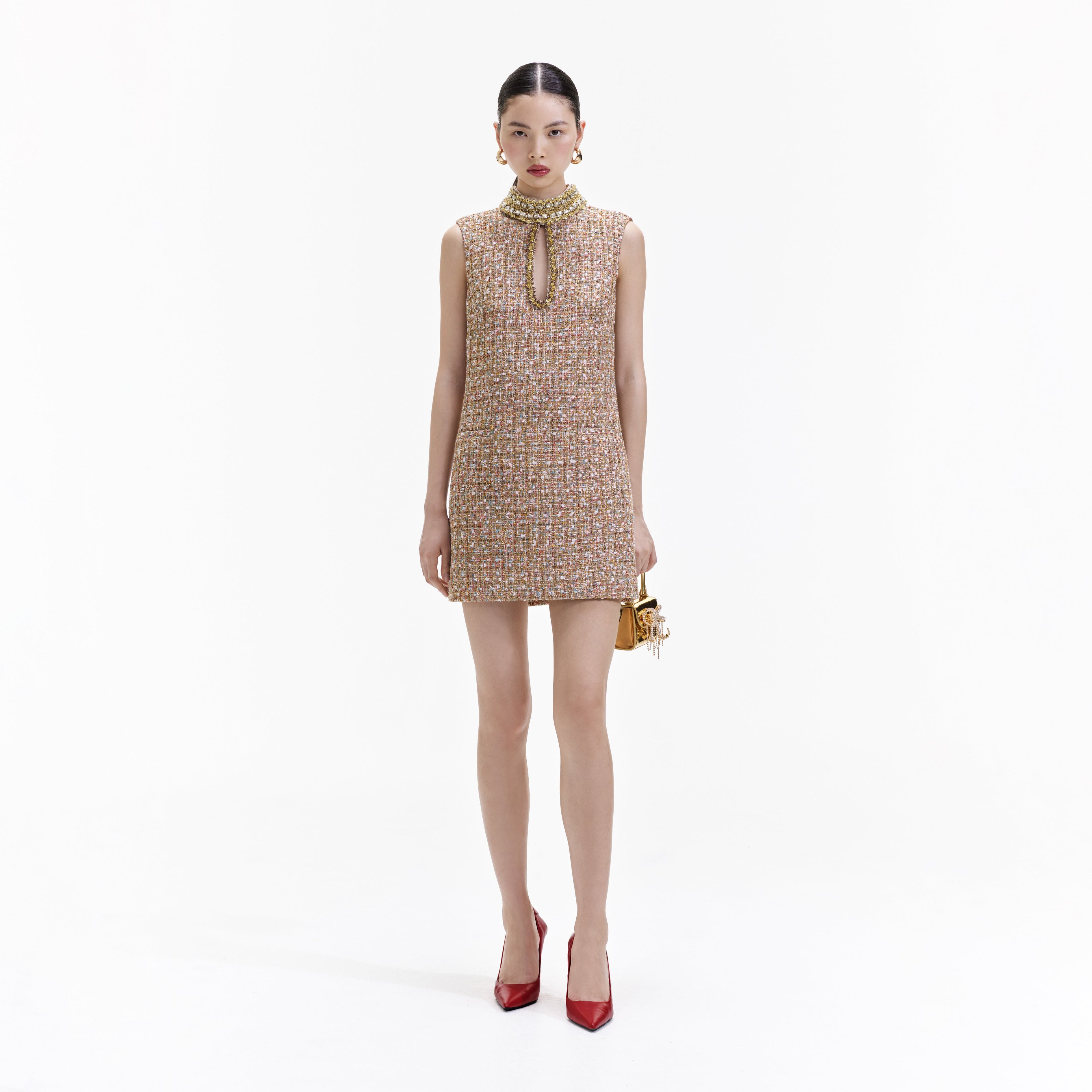Gold Tinsel Boucle Embellished Mini Dress