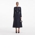 Navy Metallic Structured Boucle Midi Dress