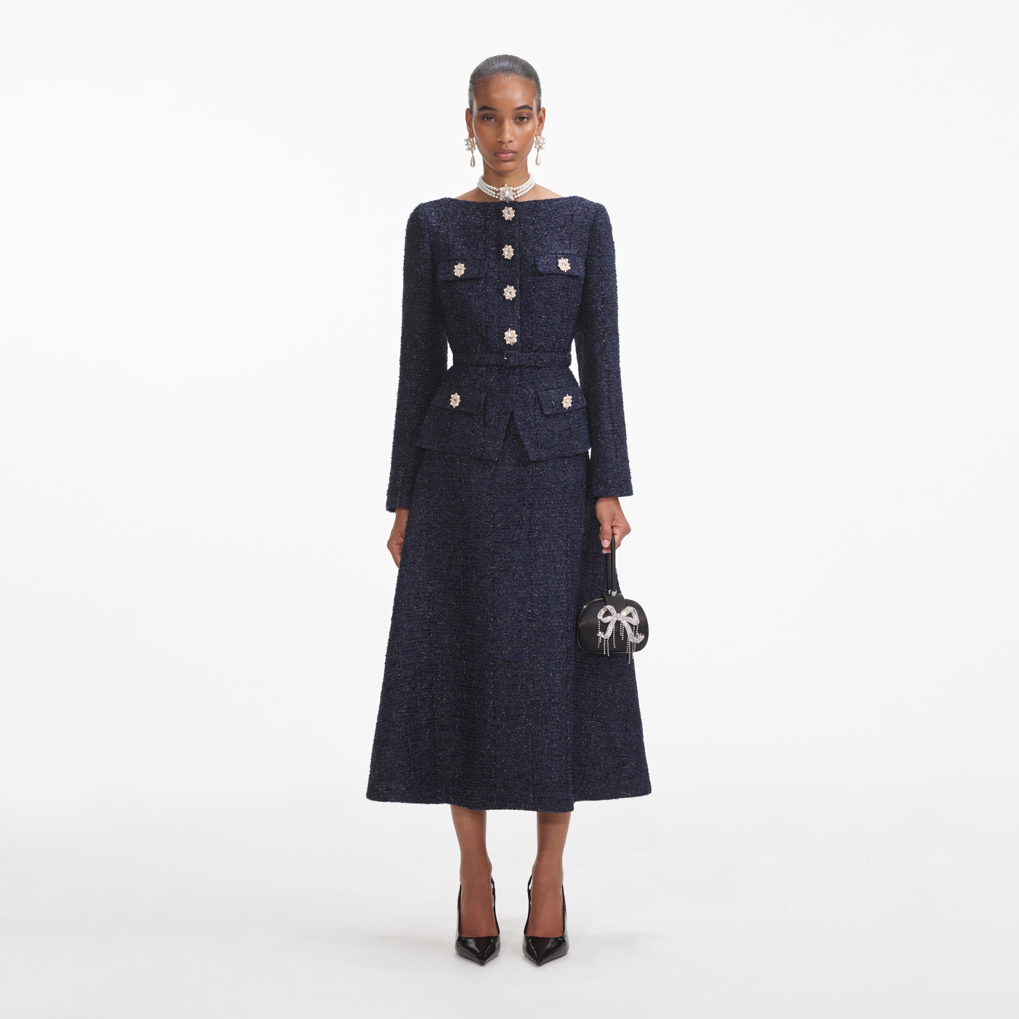 Navy Metallic Structured Boucle Midi Dress