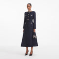 Navy Metallic Structured Boucle Midi Dress