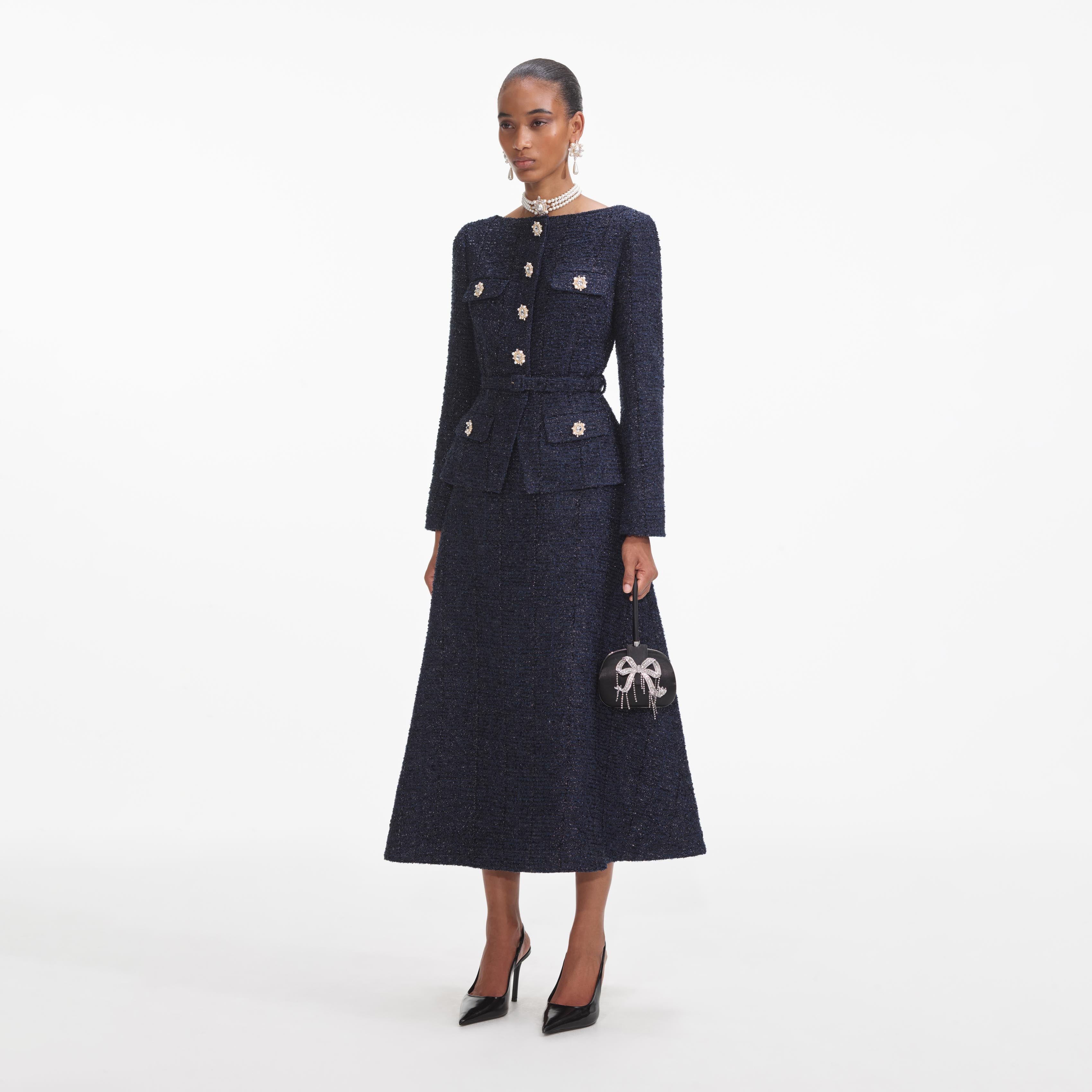 Navy Metallic Structured Boucle Midi Dress