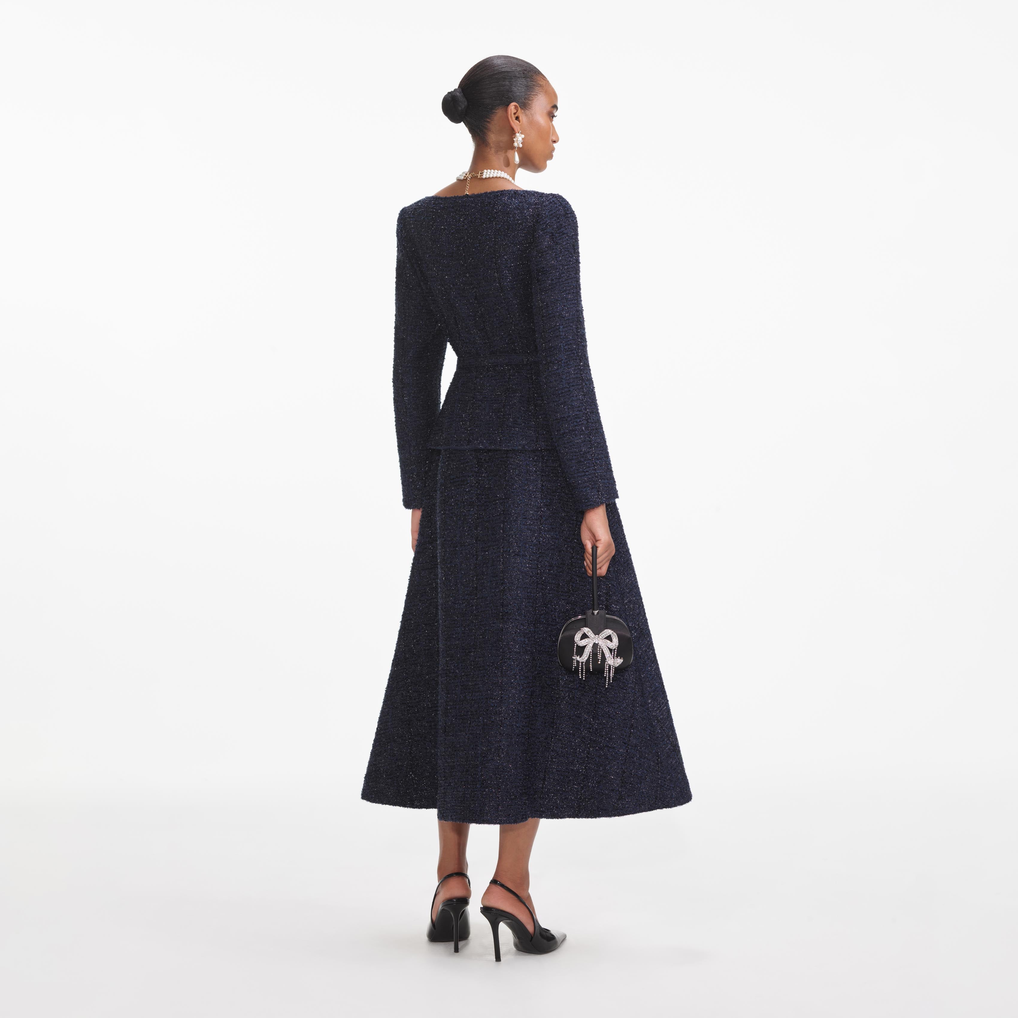 Navy Metallic Structured Boucle Midi Dress