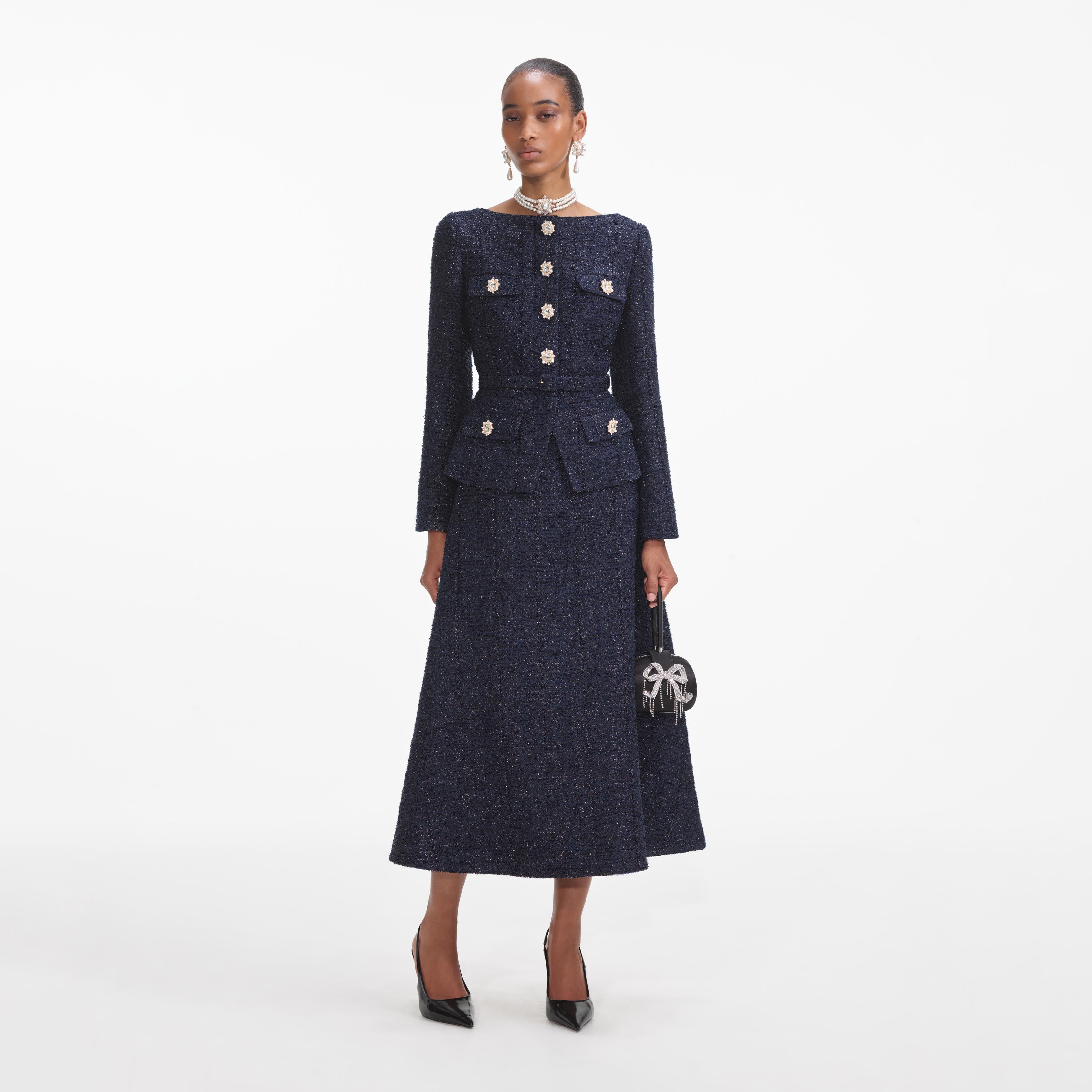 Navy Metallic Structured Boucle Midi Dress