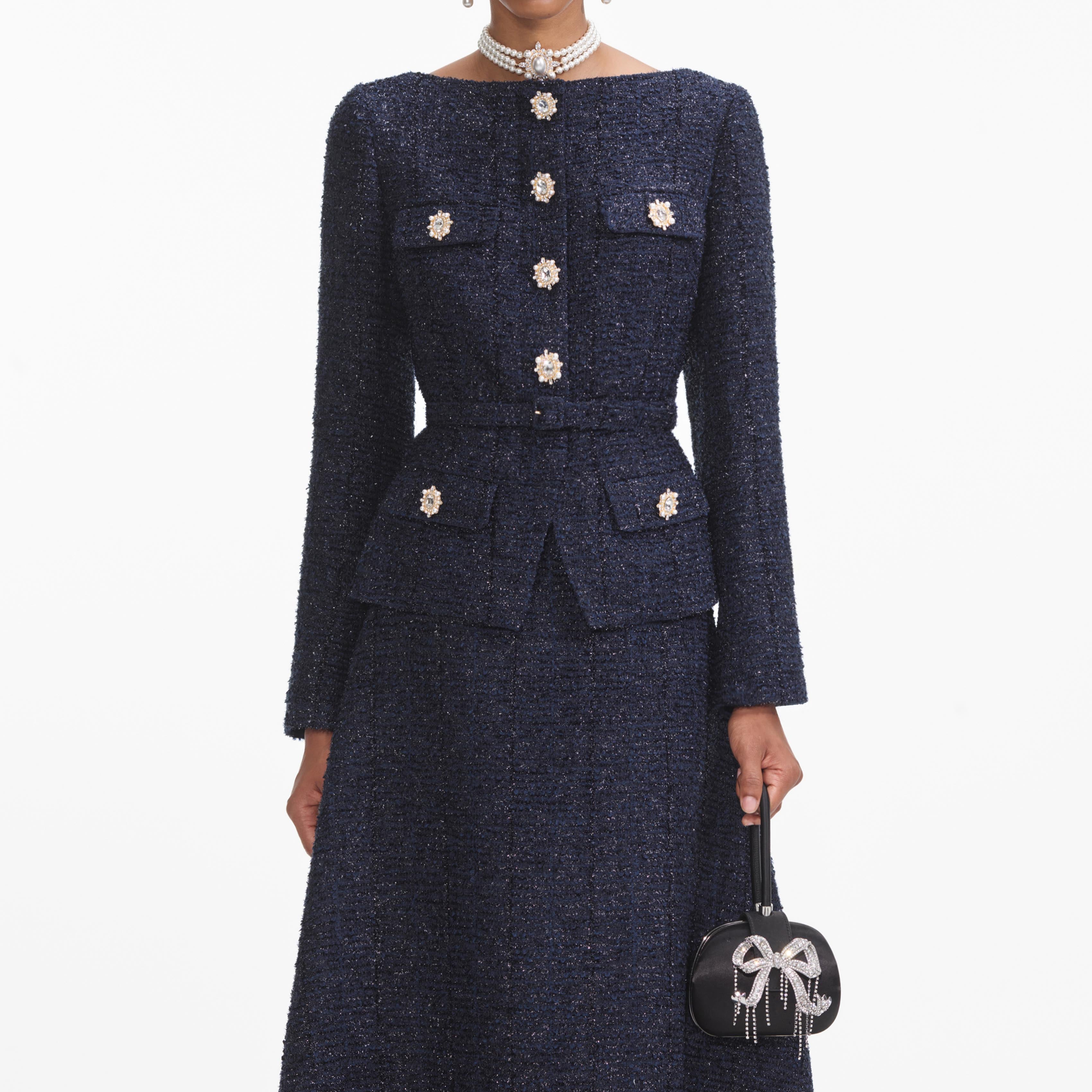 Navy Metallic Structured Boucle Midi Dress