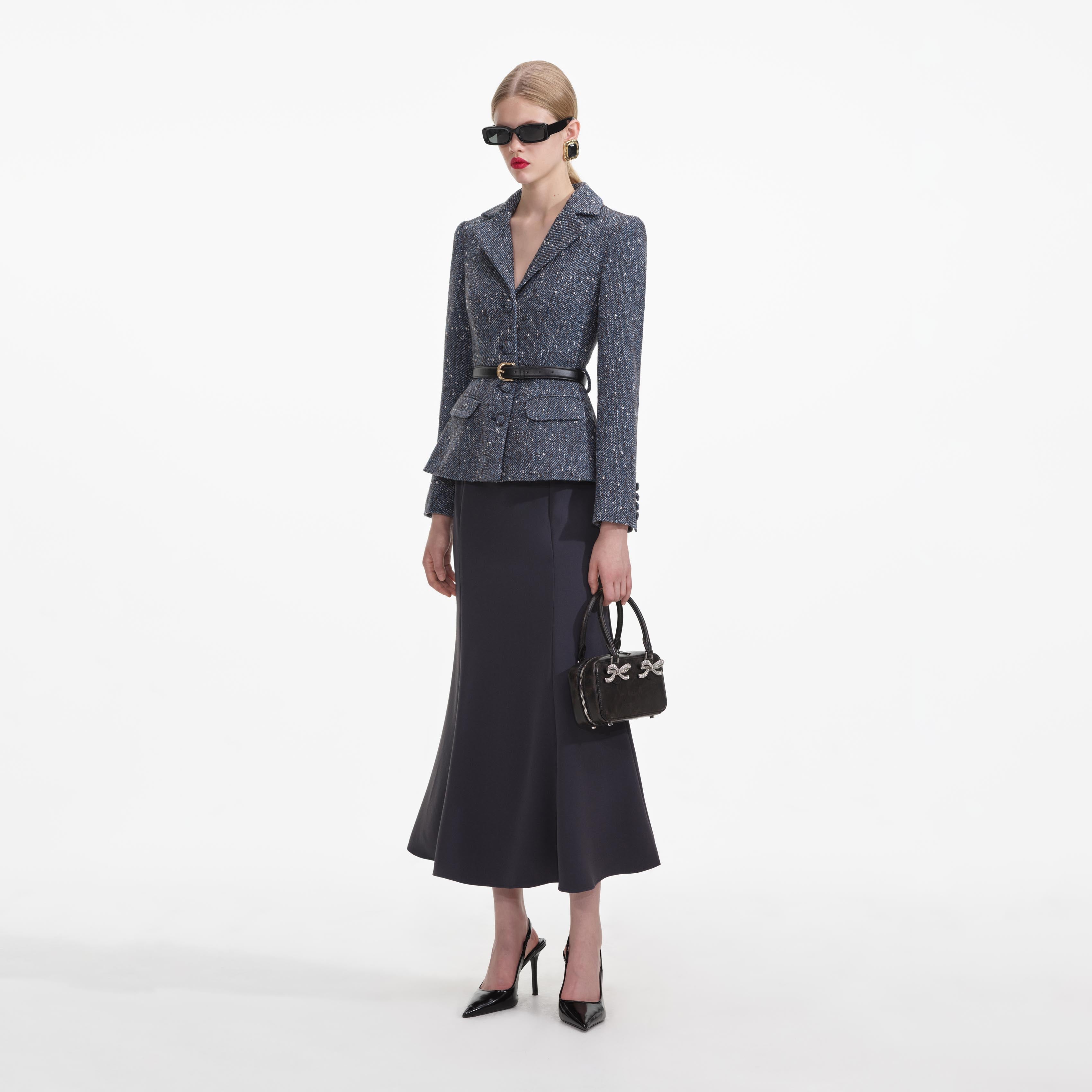 Blue Boucle Flared Midi Dress