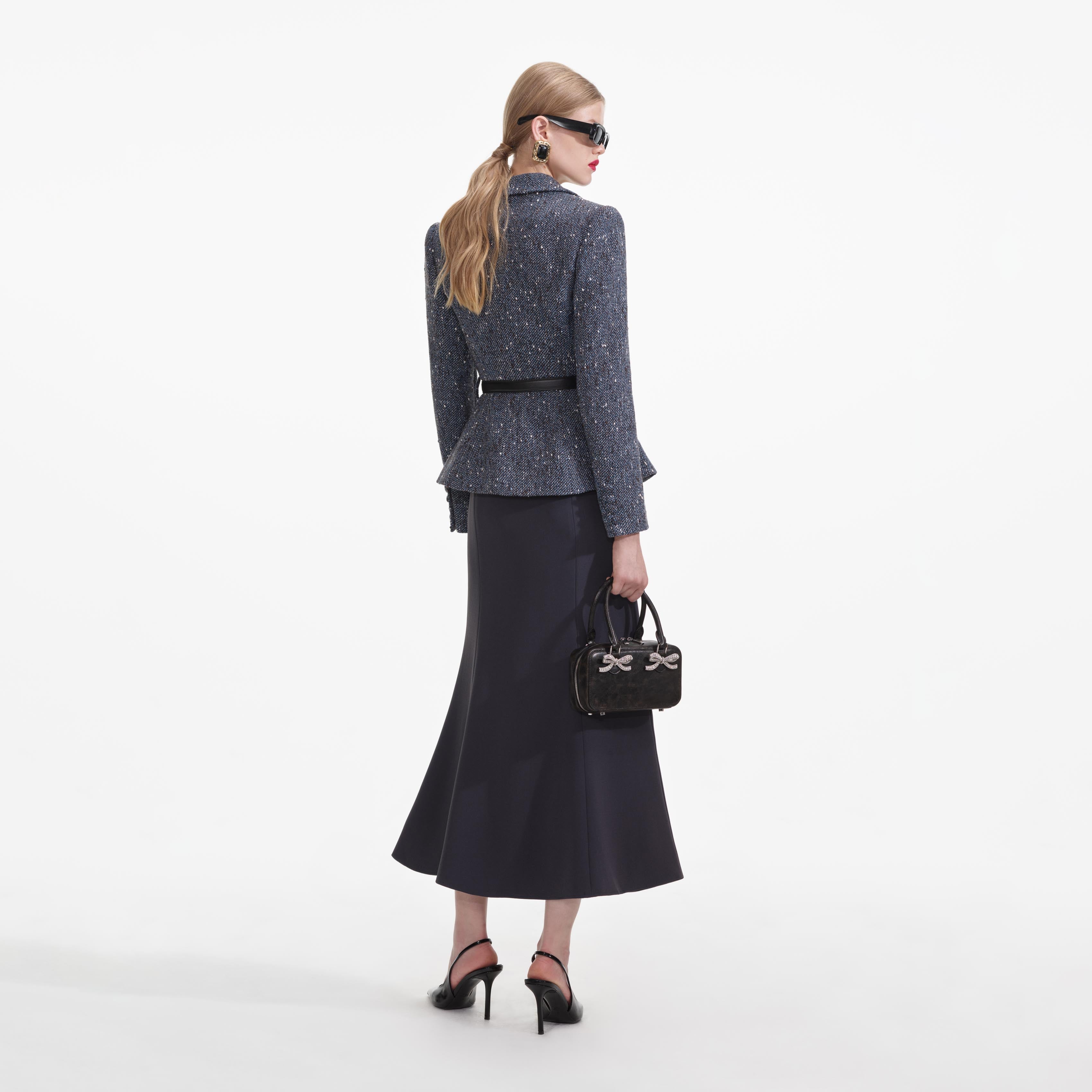 Blue Boucle Flared Midi Dress