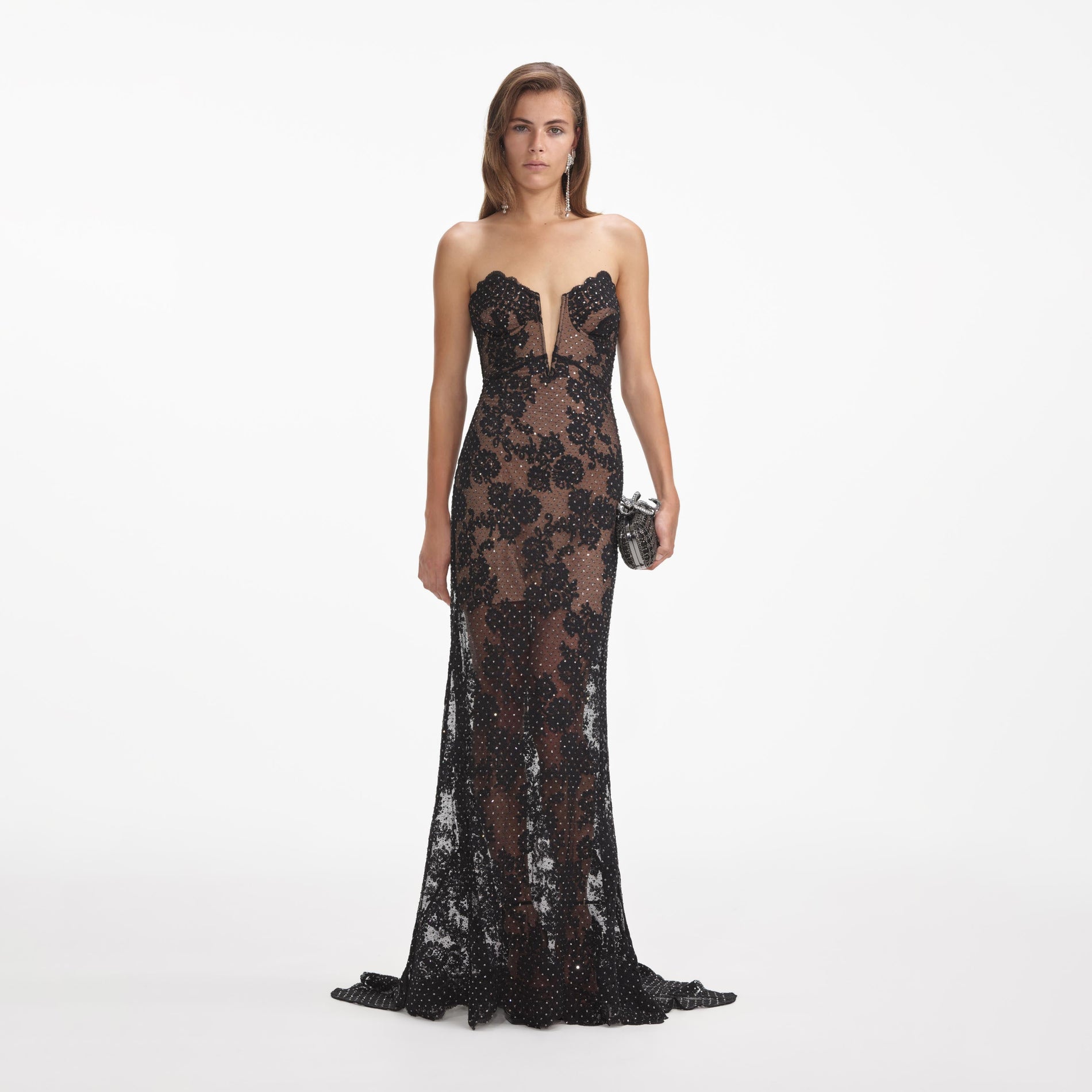 Front view of a woman wearing the Black Rhinestone Lace Maxi Dress