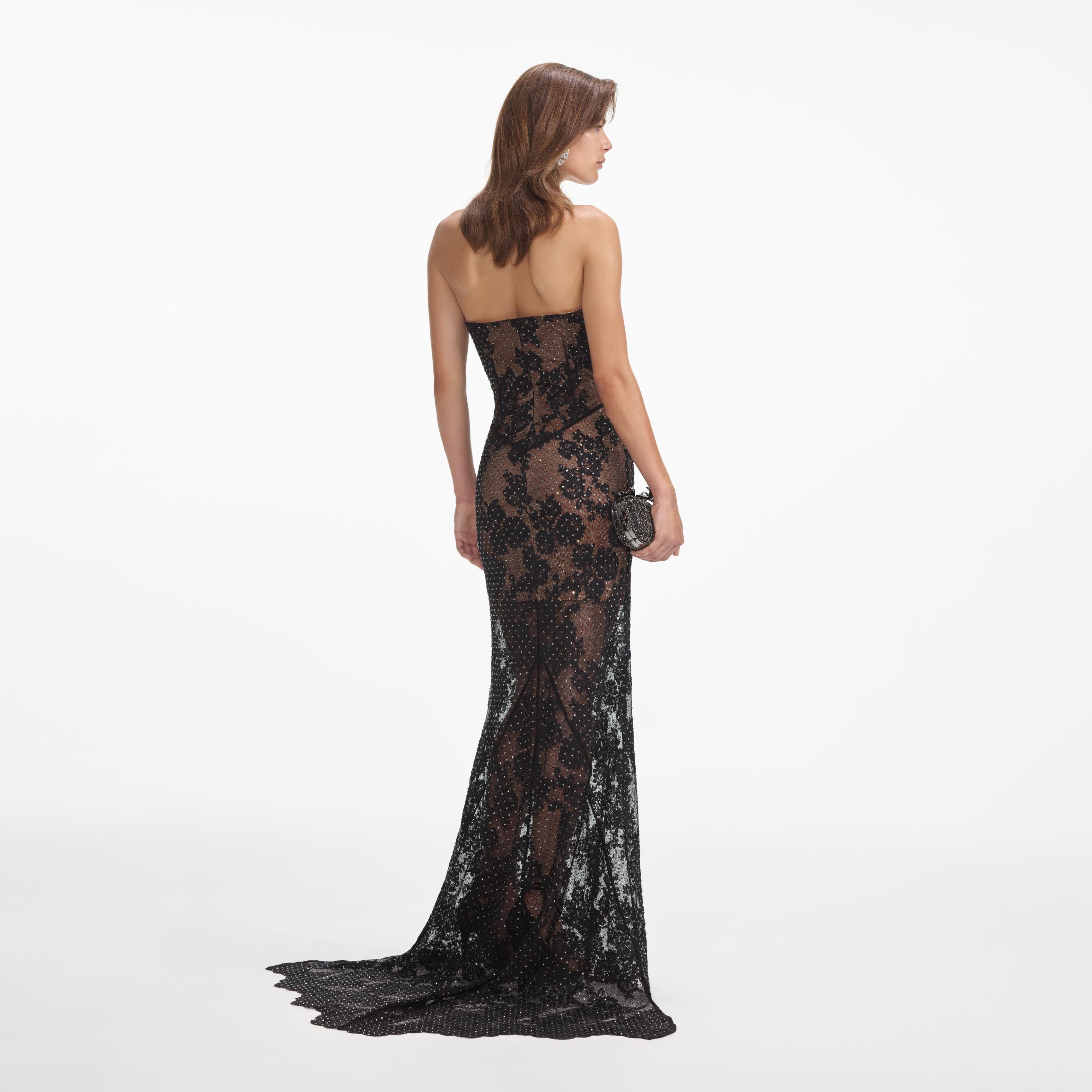Black Rhinestone Lace Bandeau Maxi Dress