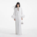 White Sequin Feather Maxi Dress