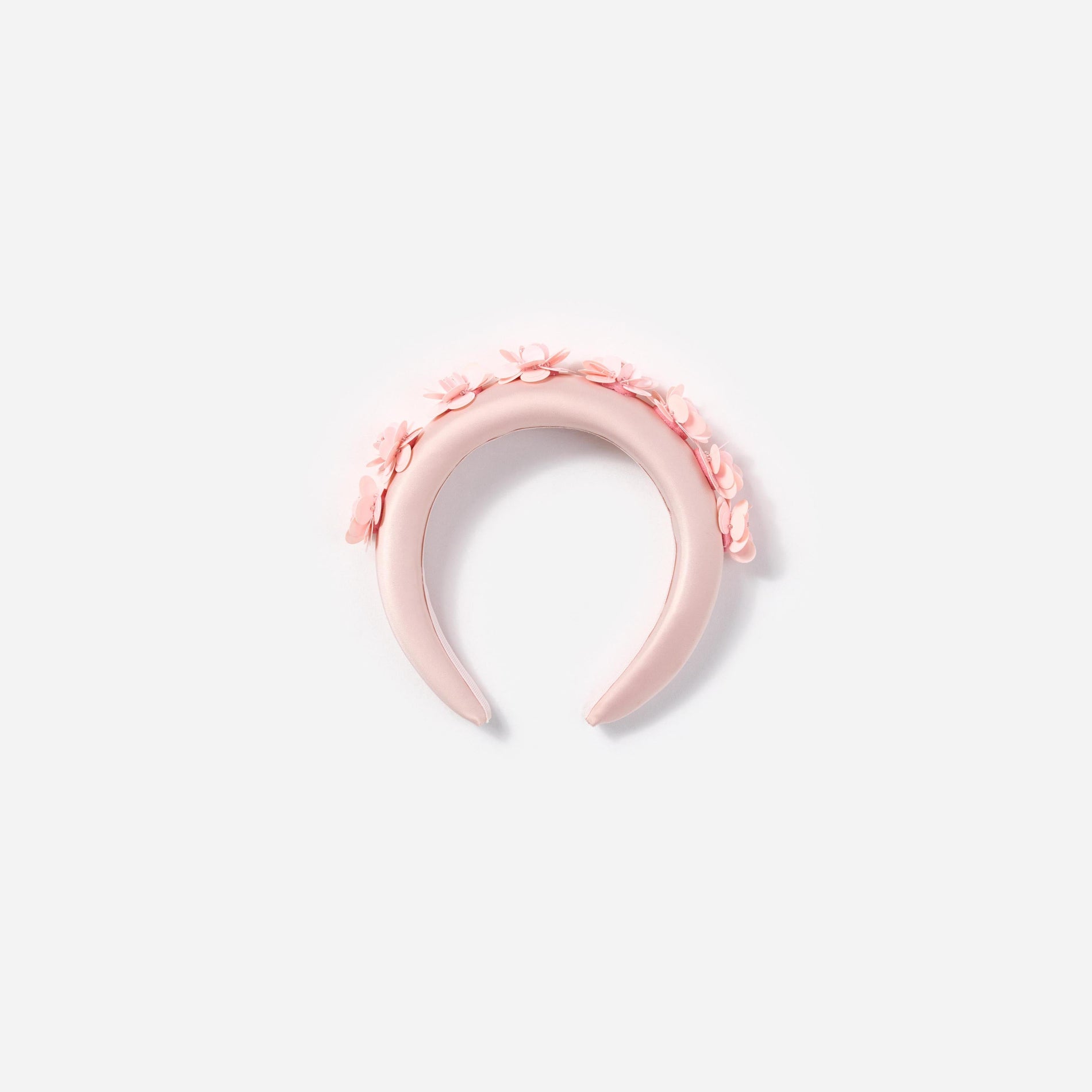 Pink satin headband with small pink flower embellishments