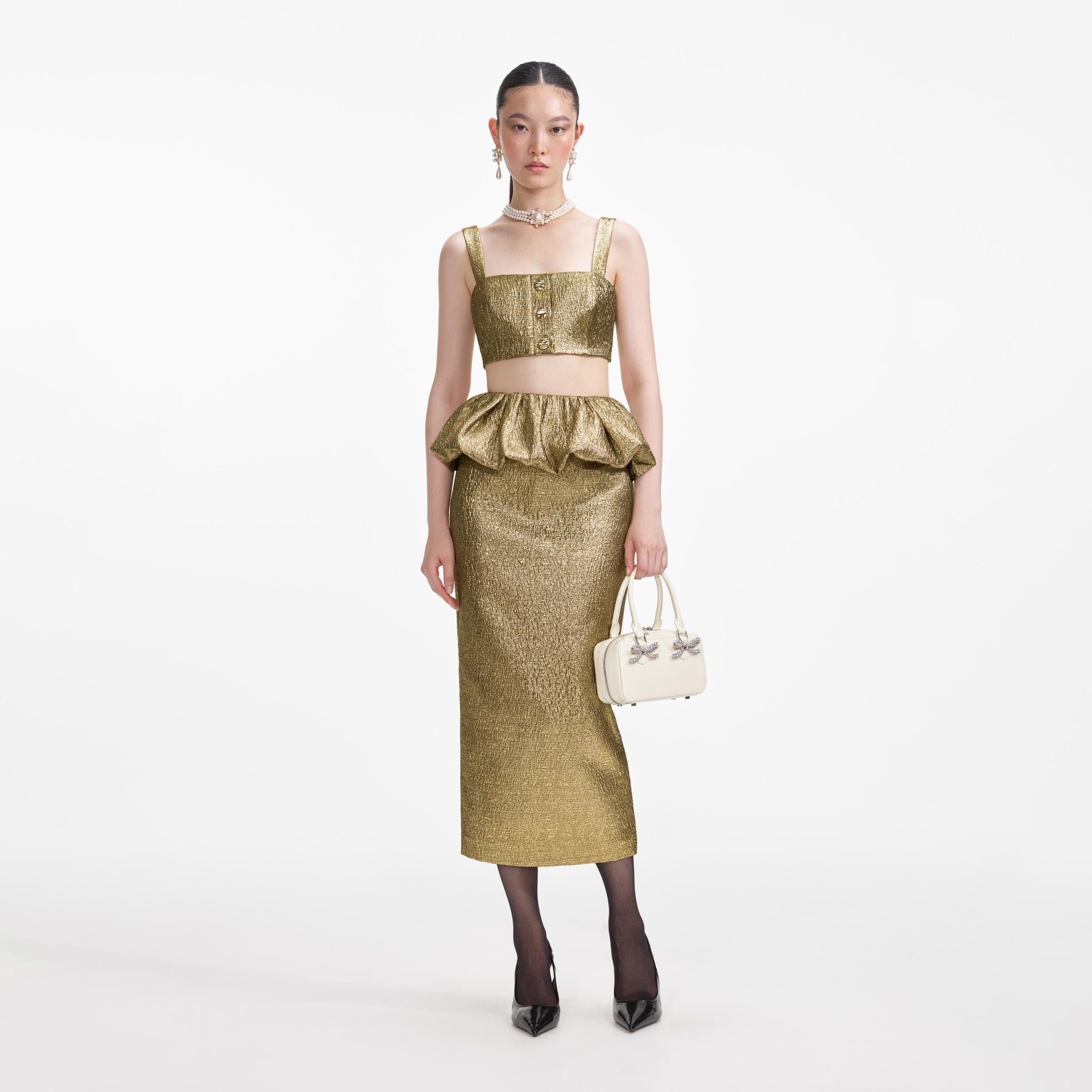Front view of a woman wearing the Gold Metallic Jacquard Crop Top