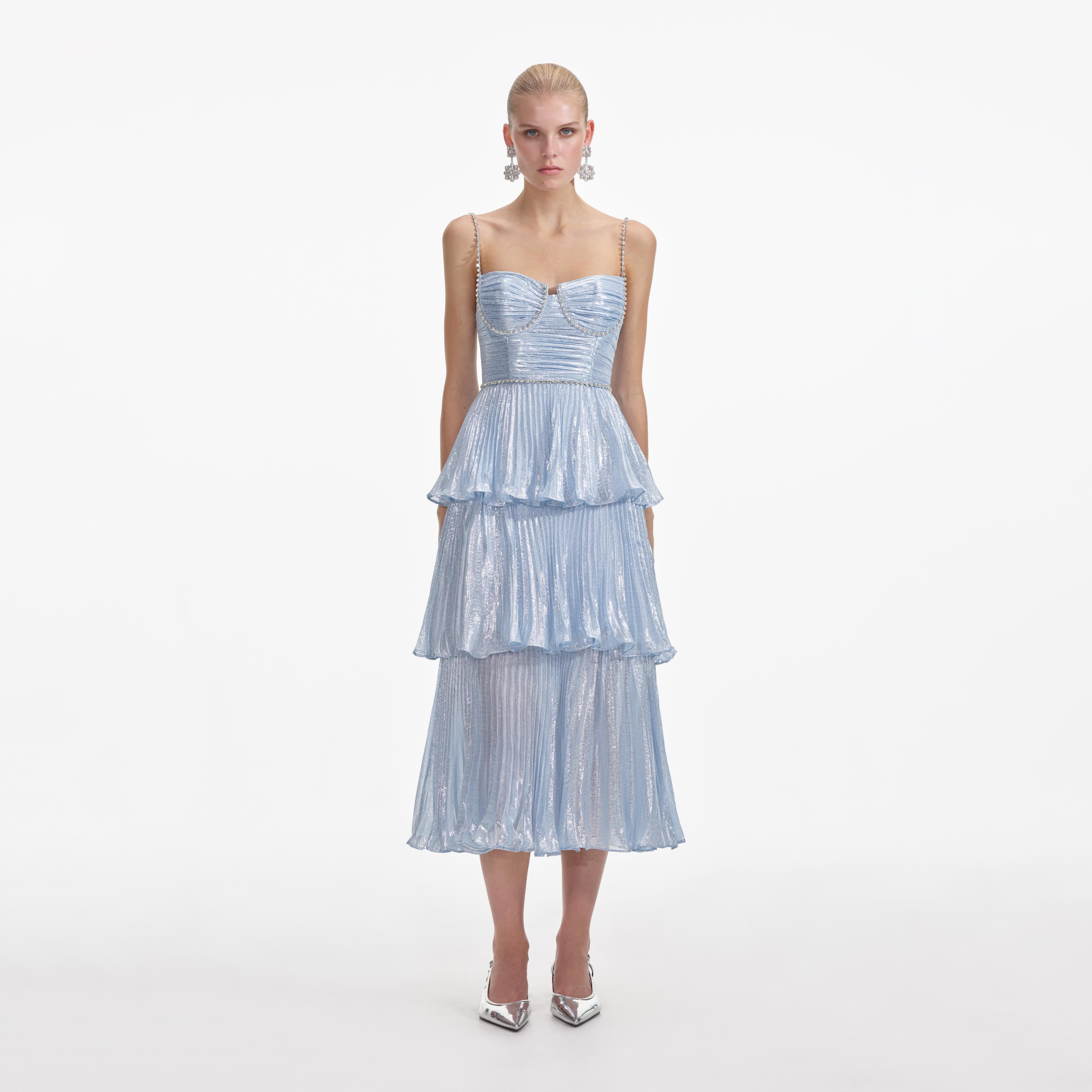 Blue Metallic Tiered Midi Dress