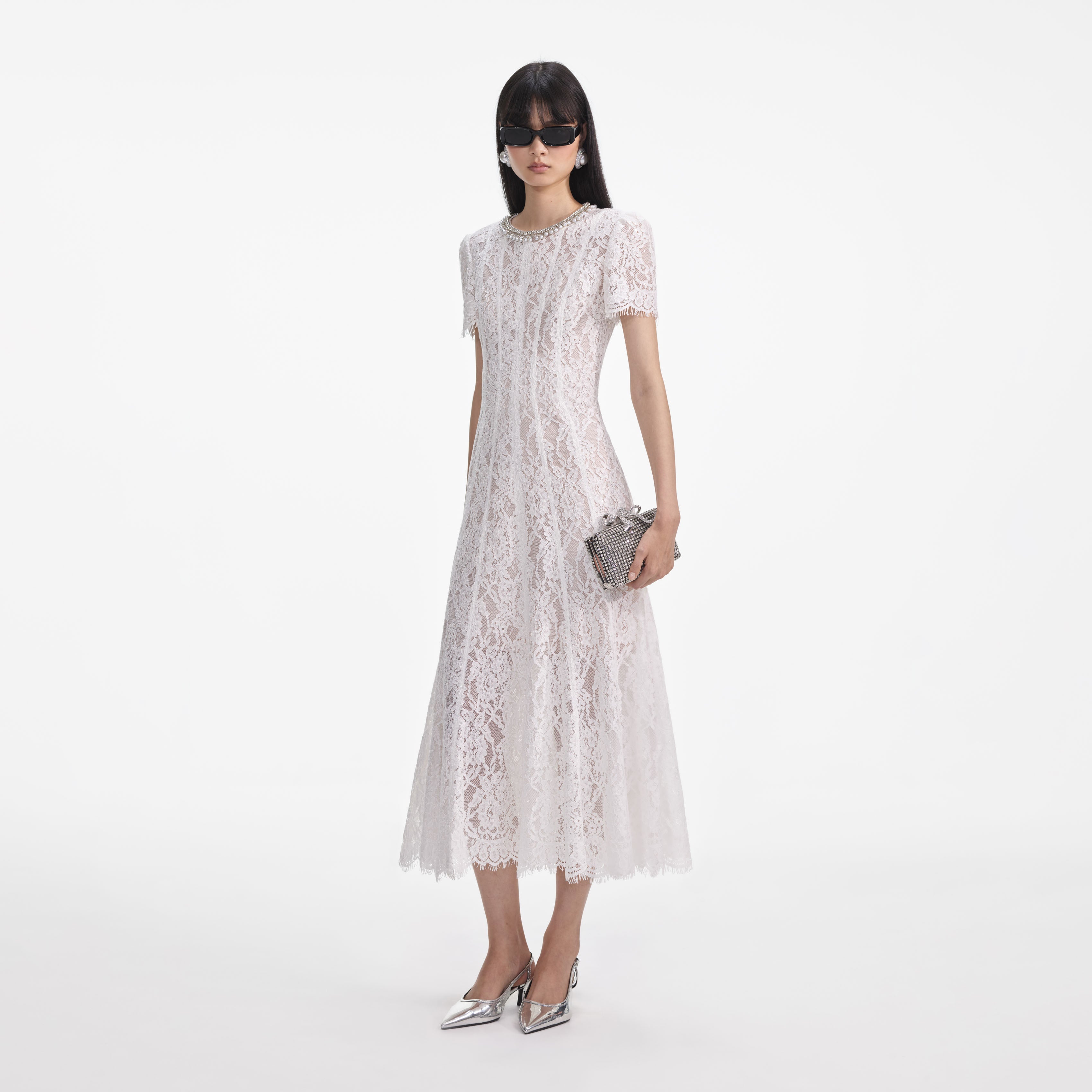 White Sequin Lace Embellished Midi Dress