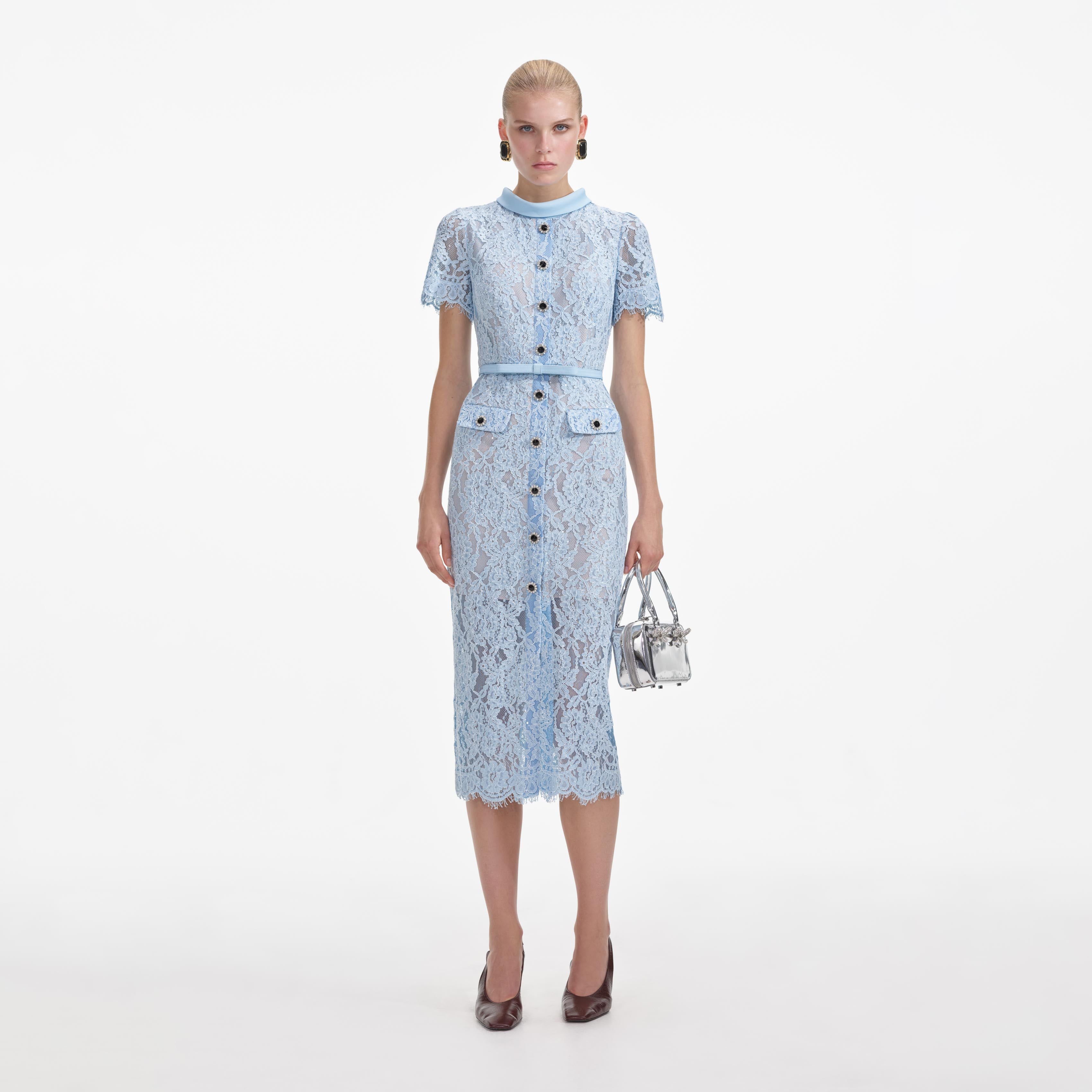 Blue Lace Button Midi Dress – self-portrait-EU - Main Image