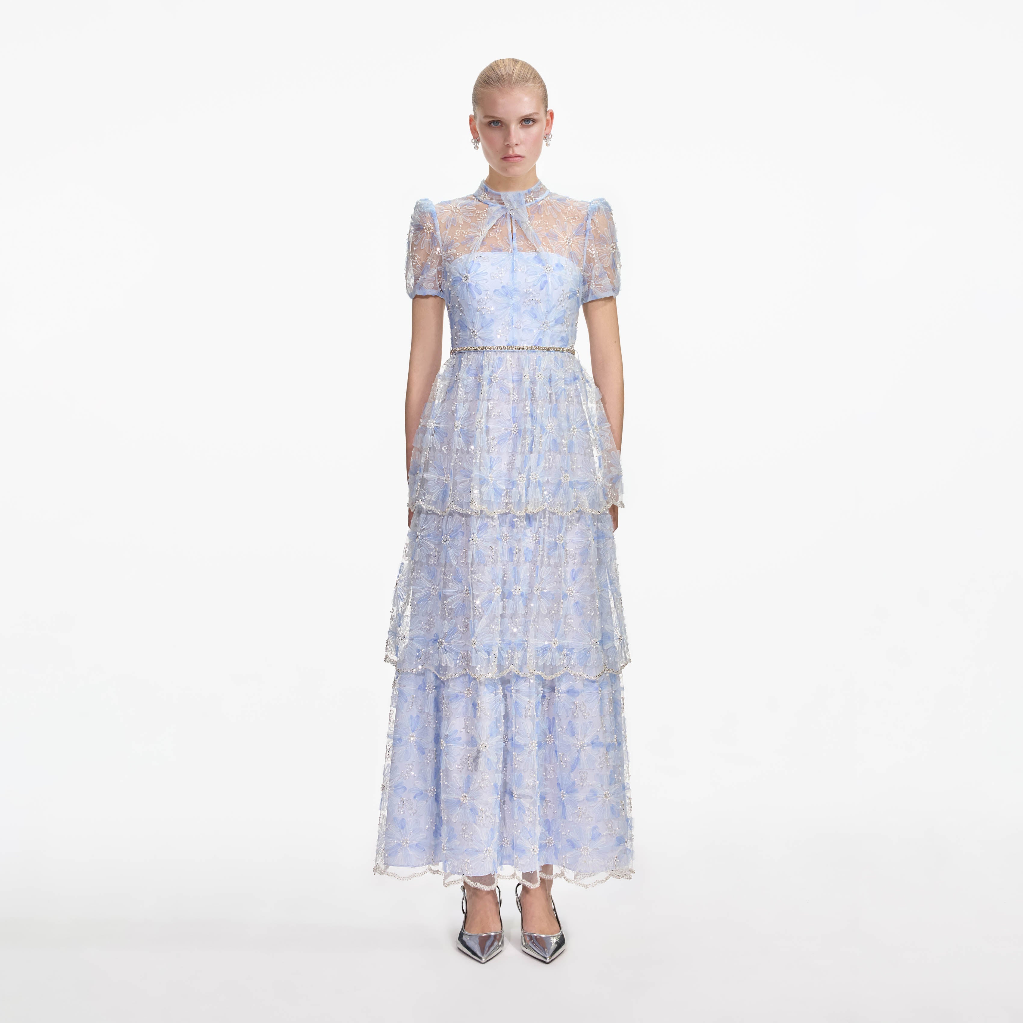 Blue Beaded Sequin Lace Maxi Dress – self-portrait-EU