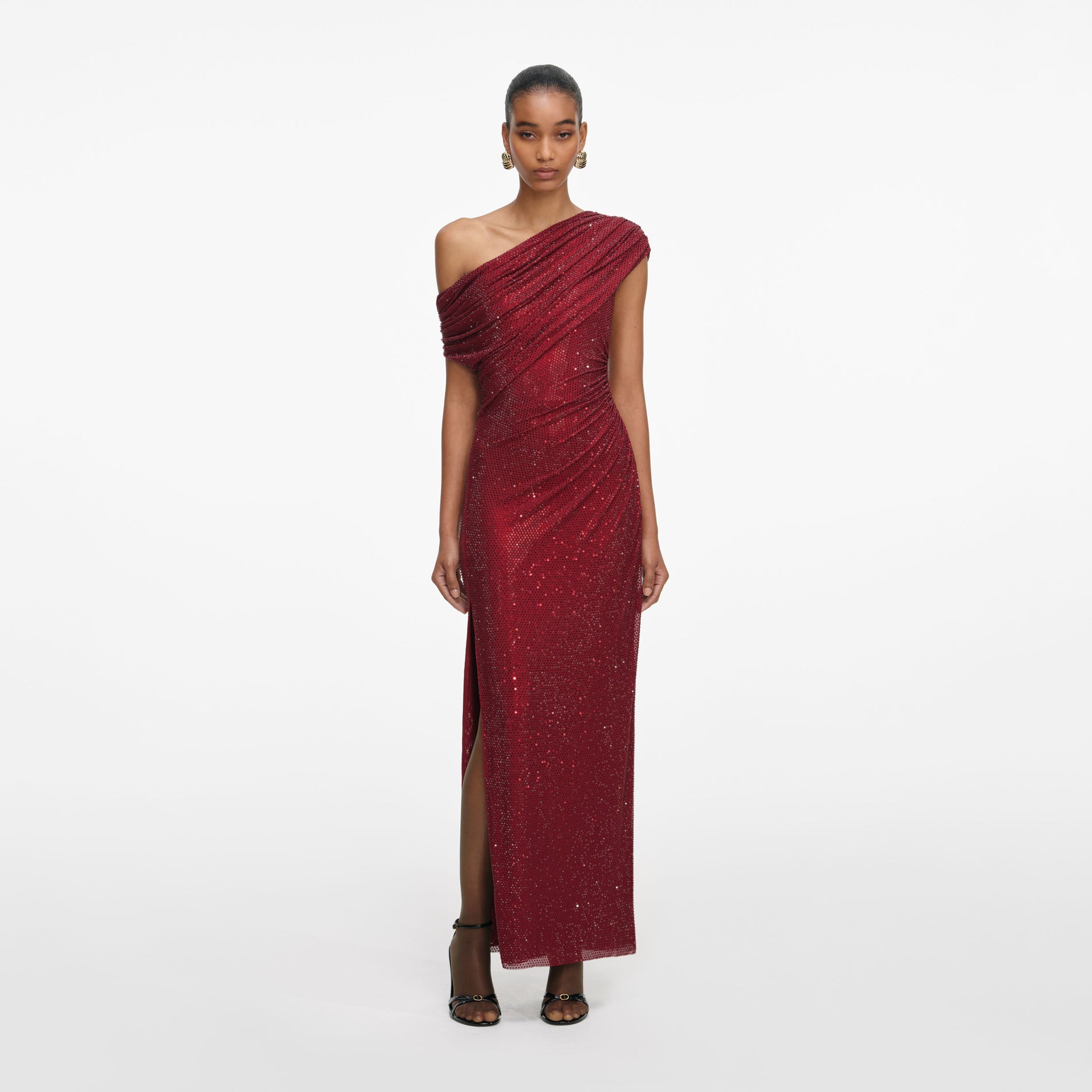 Front view of a woman wearing the Burgundy Rhinestone Drape Midi Dress