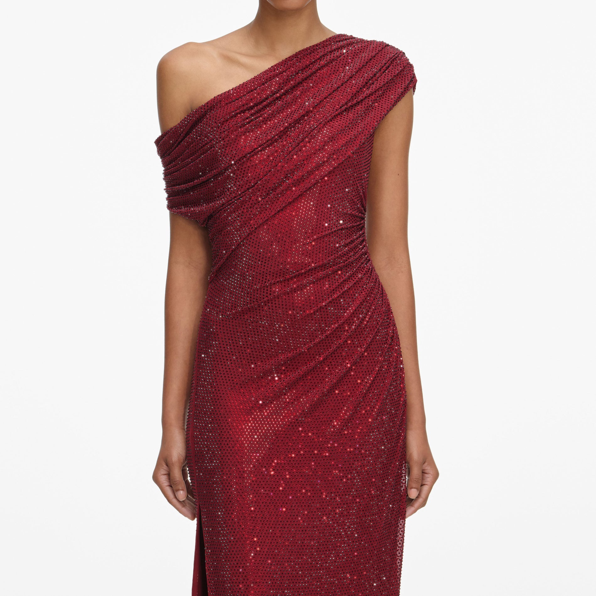 A close up of a woman wearing the Burgundy Rhinestone Drape Midi Dress