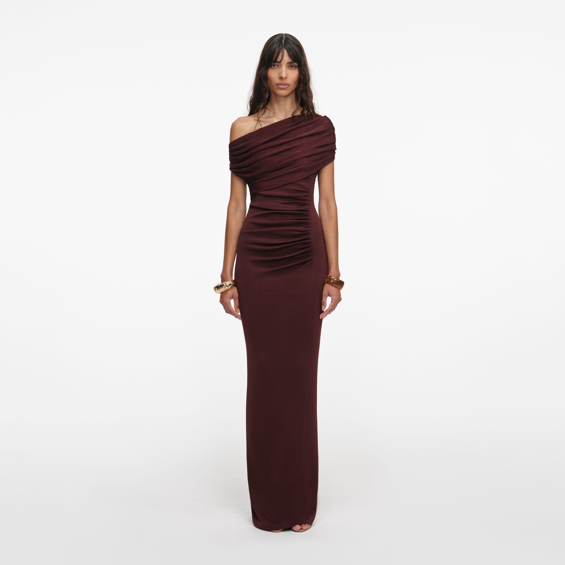 Front view of a woman wearing the Brown Draped Knit Midi Dress