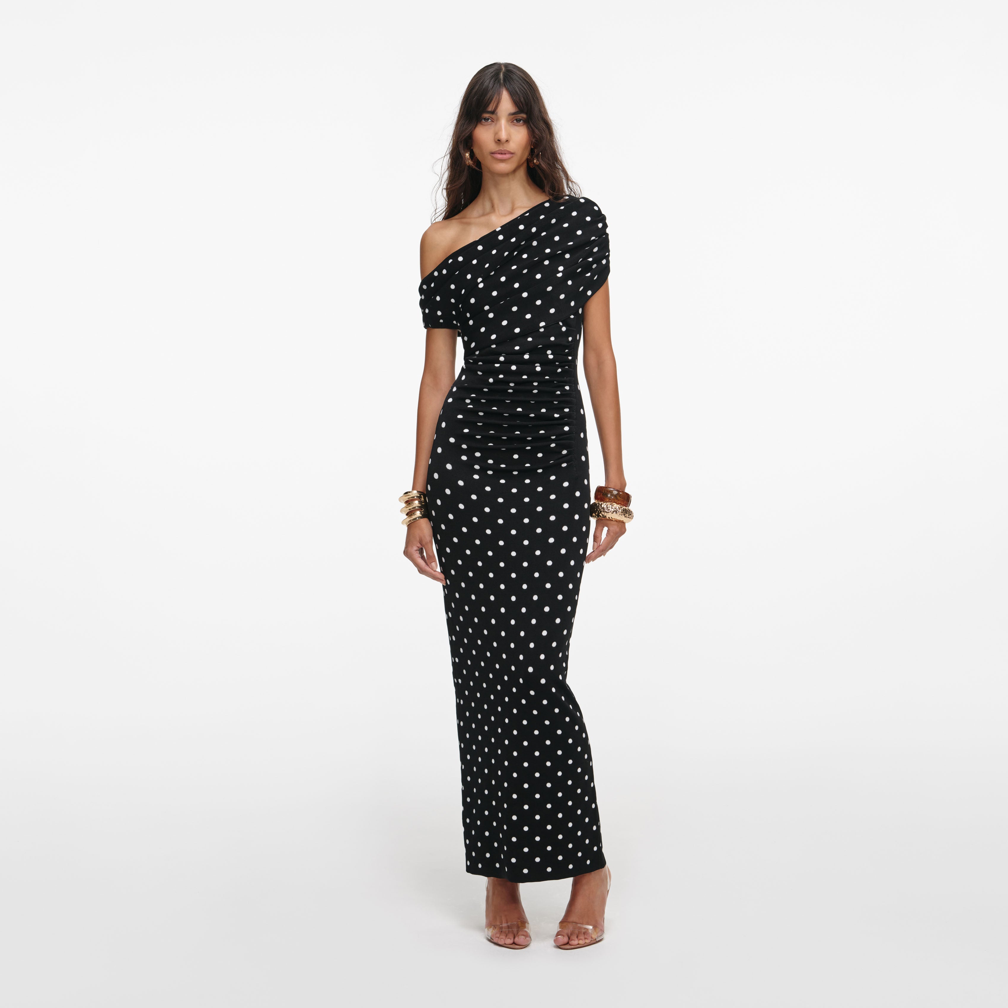Polka Dot Draped Knit Midi Dress