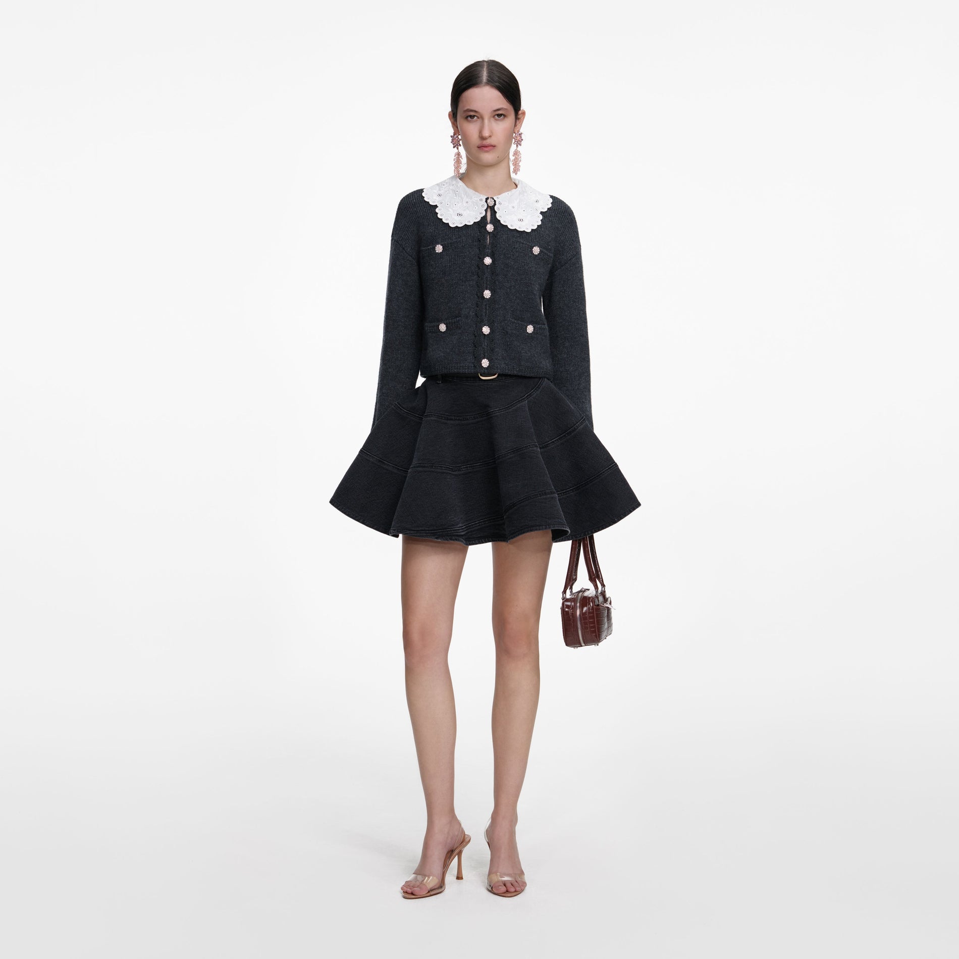 Front view of a woman wearing the Charcoal Lace Collar Cardigan