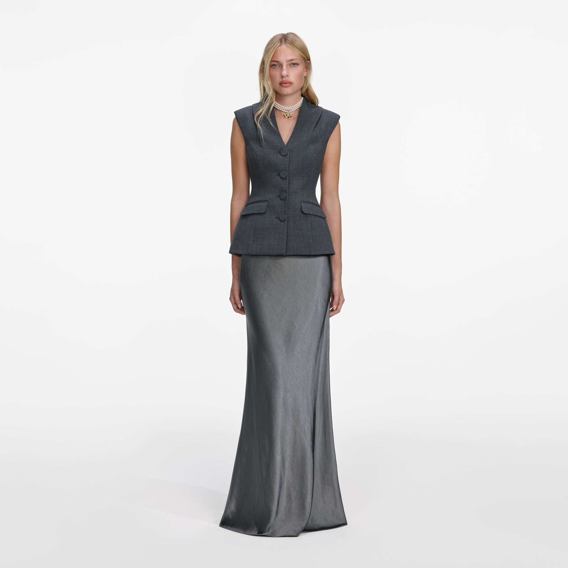Front view of a woman wearing the Grey Tailored Satin Maxi Dress