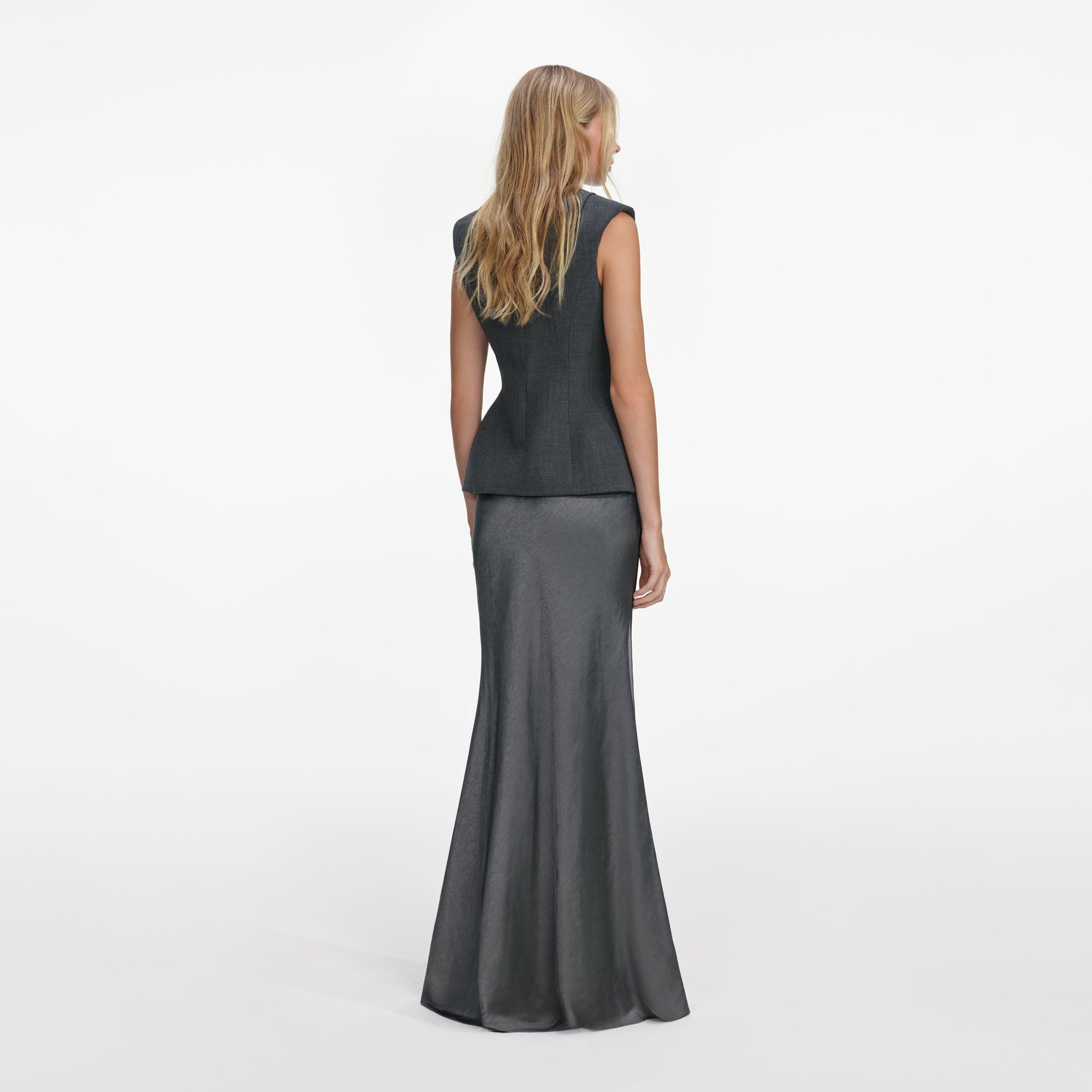 Back view of a woman wearing the Grey Tailored Satin Maxi Dress