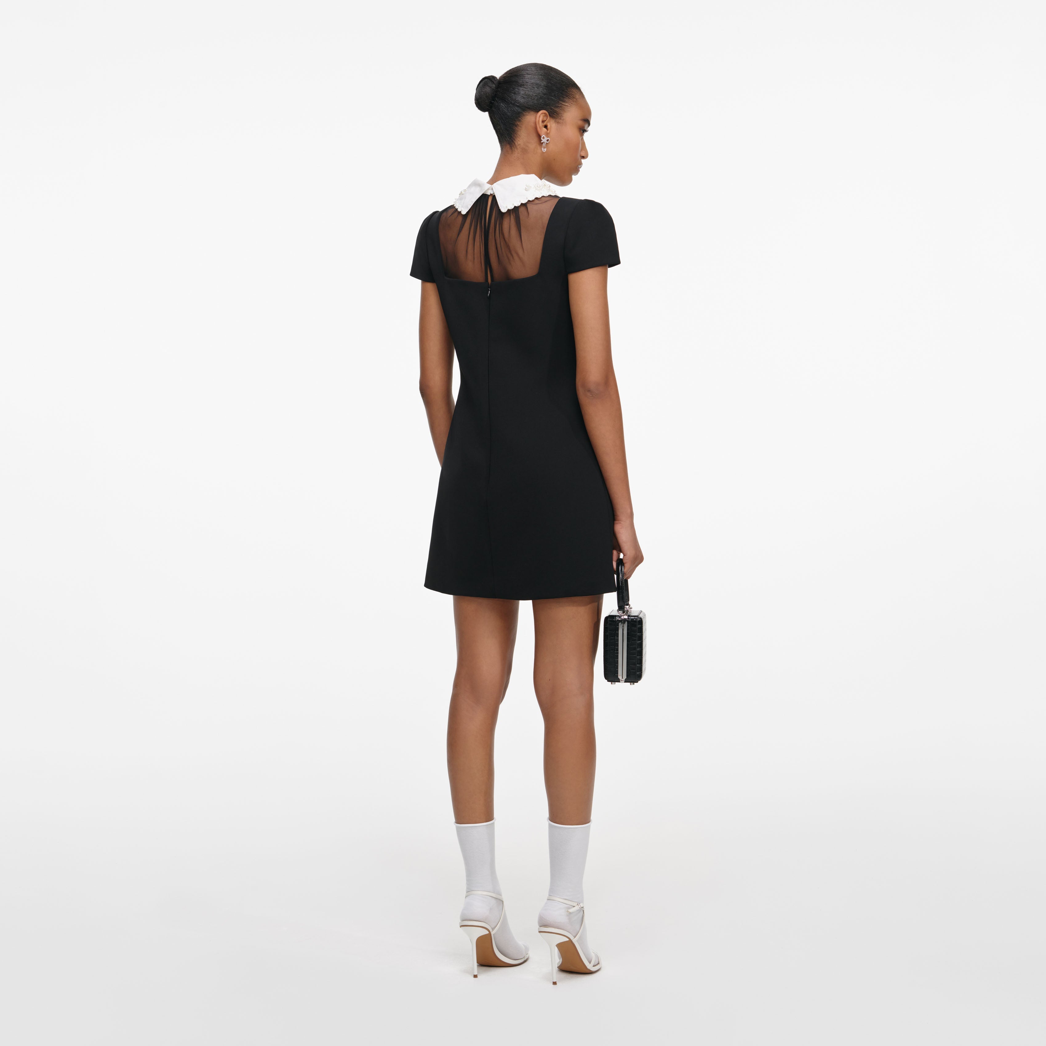 Black Crepe Bow Collar Mini Dress