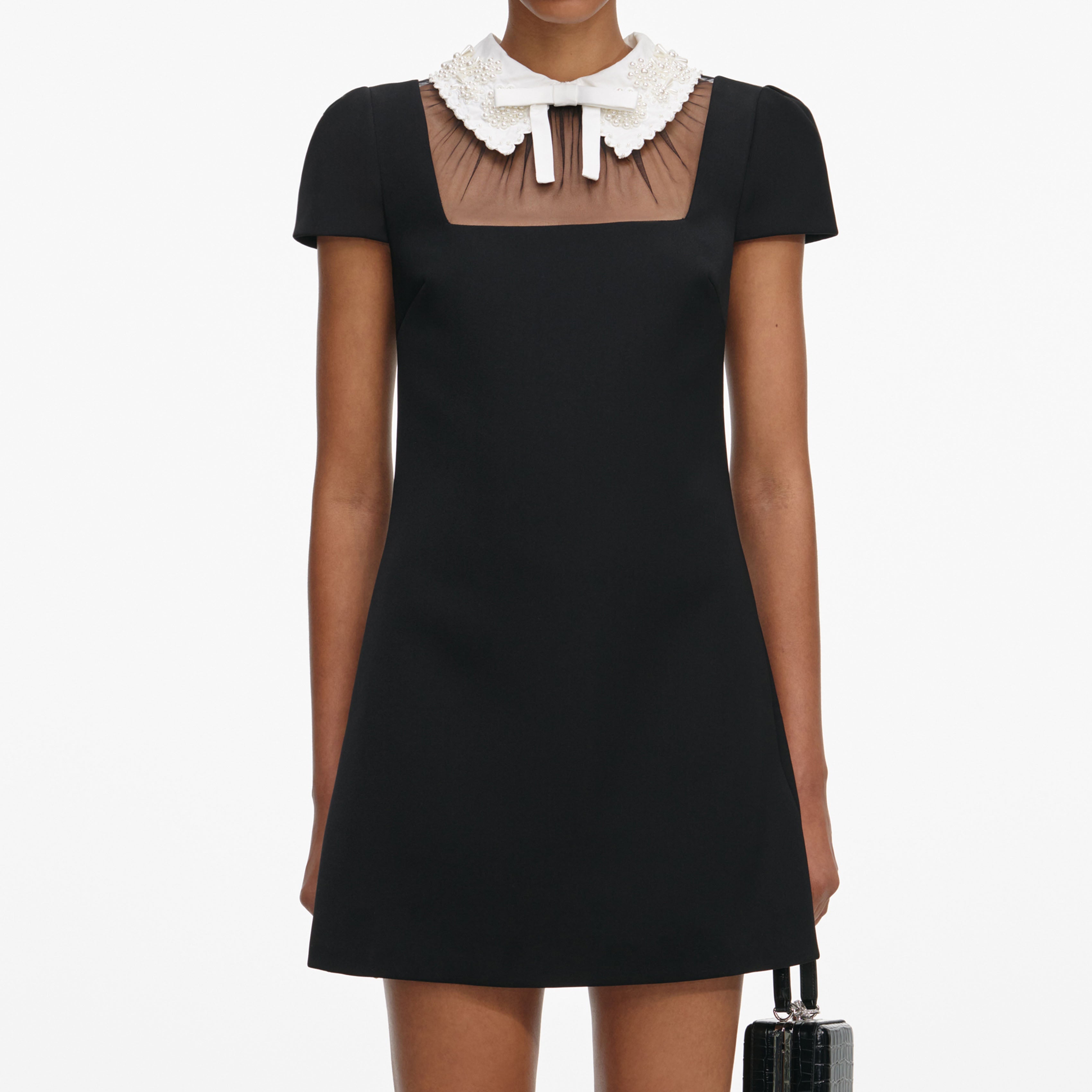 Black Crepe Bow Collar Mini Dress