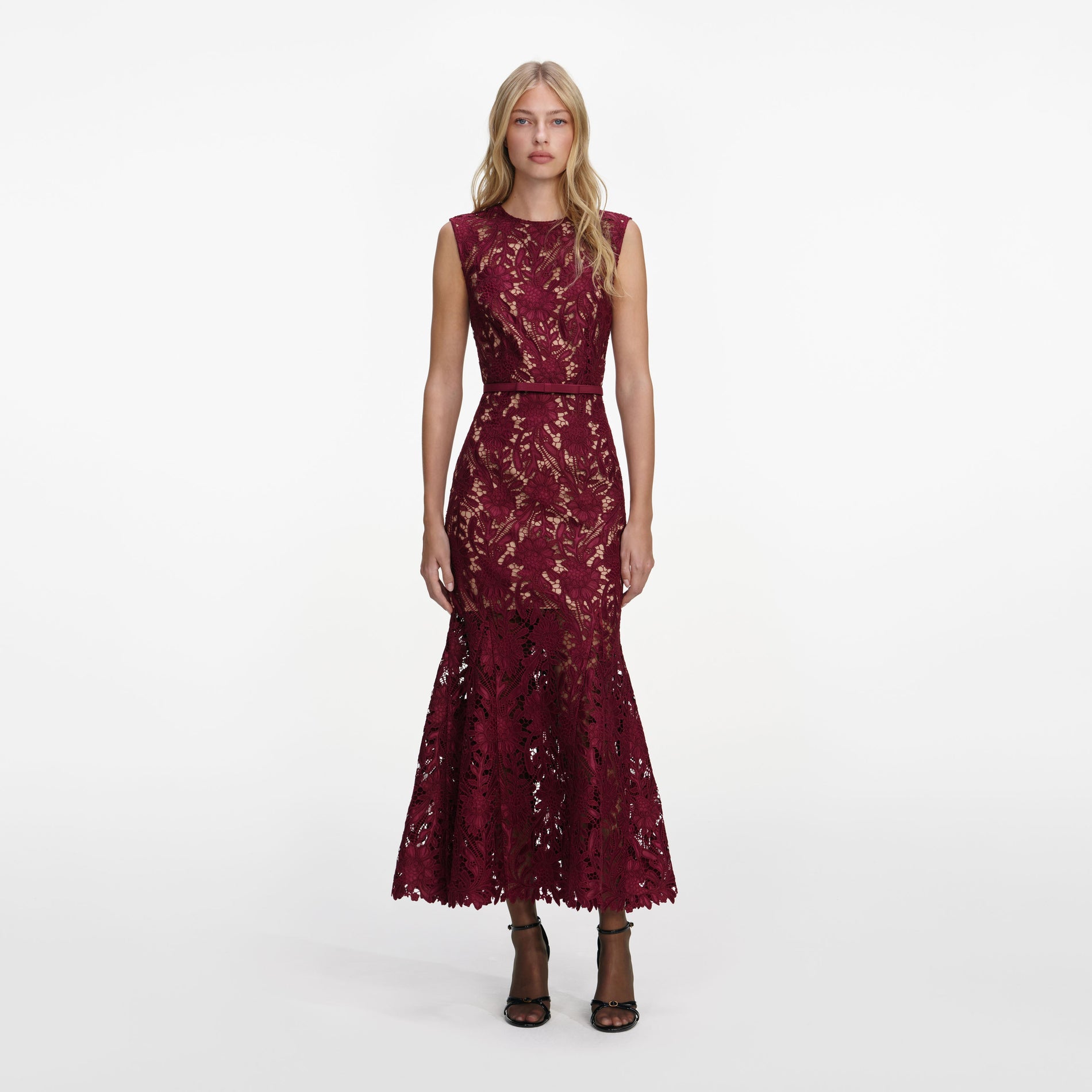 Front view of a woman wearing the Burgundy Guipure Lace Midi Dress