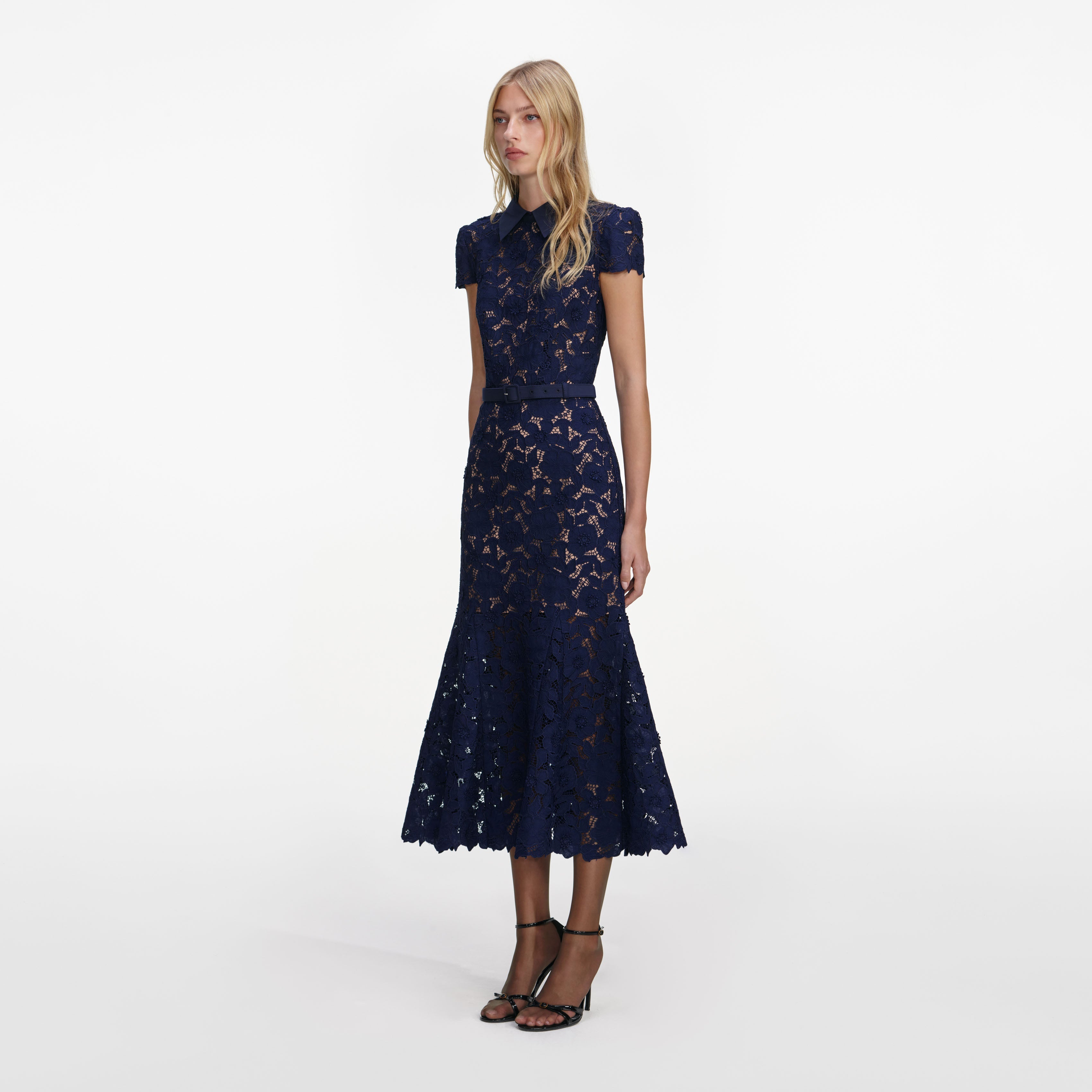 Navy Guipure Lace Midi Dress