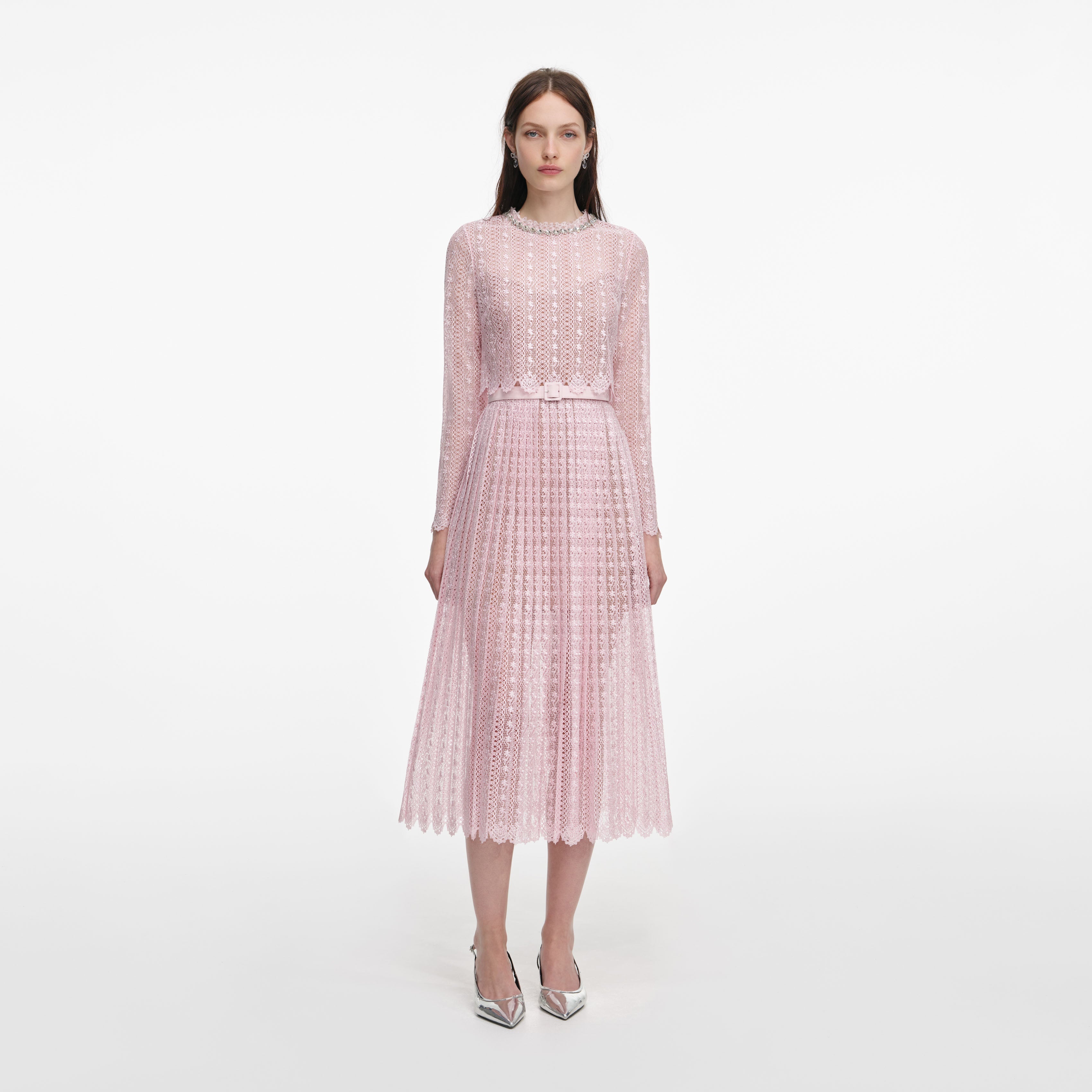 strapless open back dress Pink Organza Lace Midi Dress – self-portrait-EU