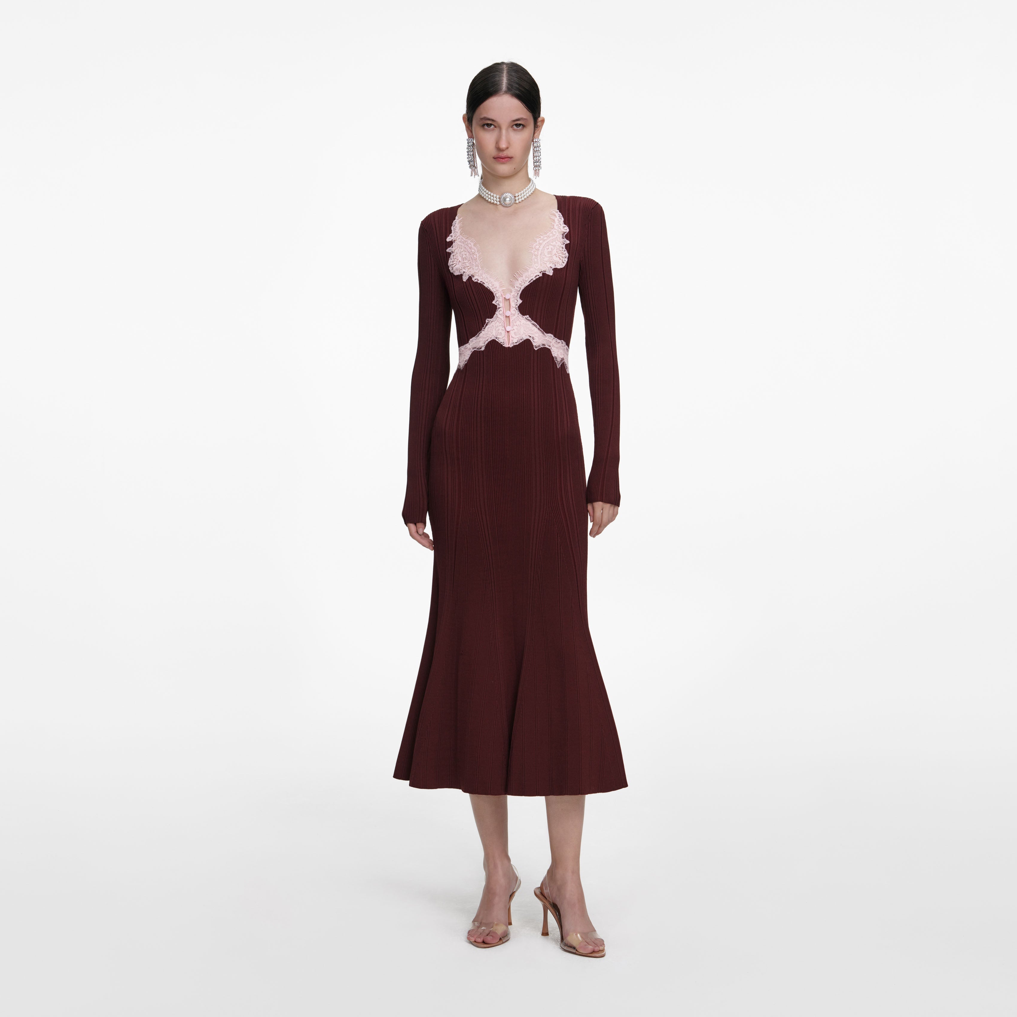 Brown Contrast Lace Knit Midi Dress