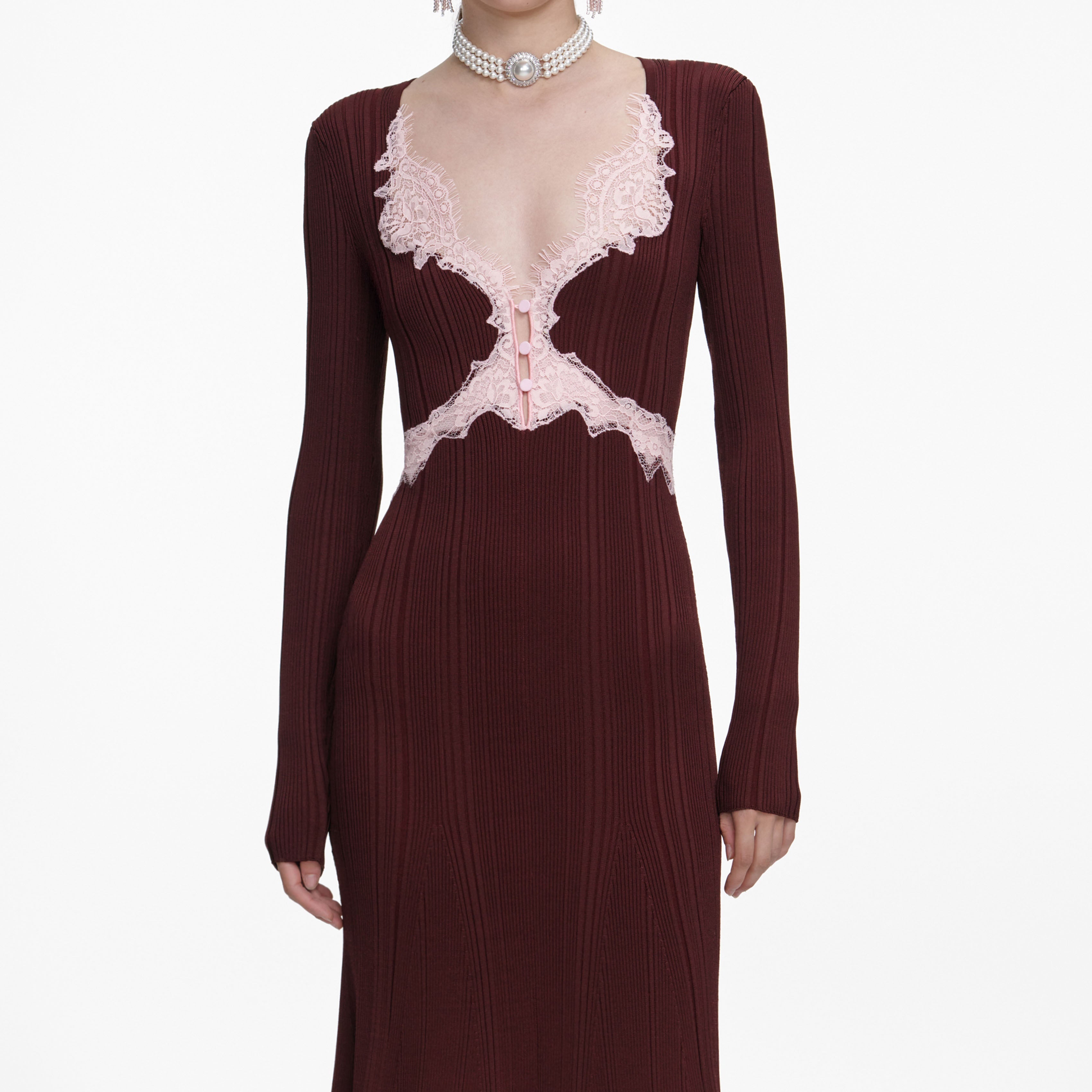 Brown Contrast Lace Knit Midi Dress