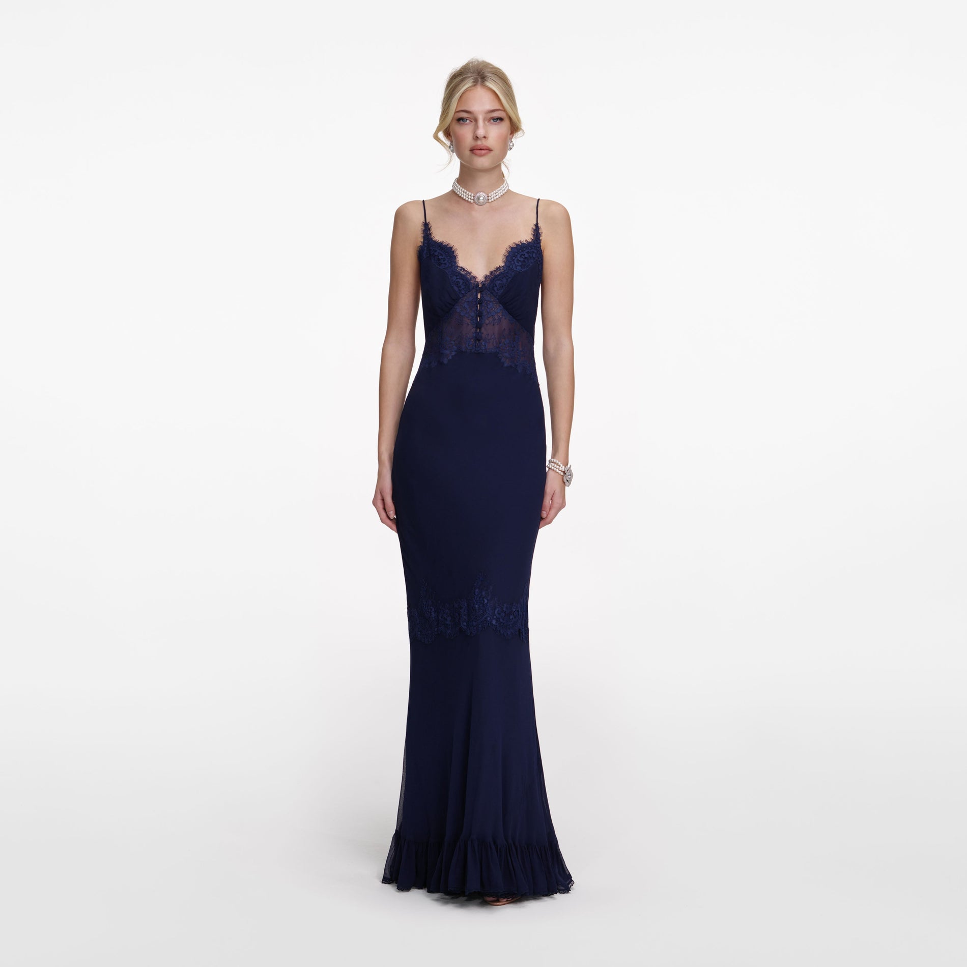 Front view of a woman wearing the Navy Lace Georgette Maxi Dress