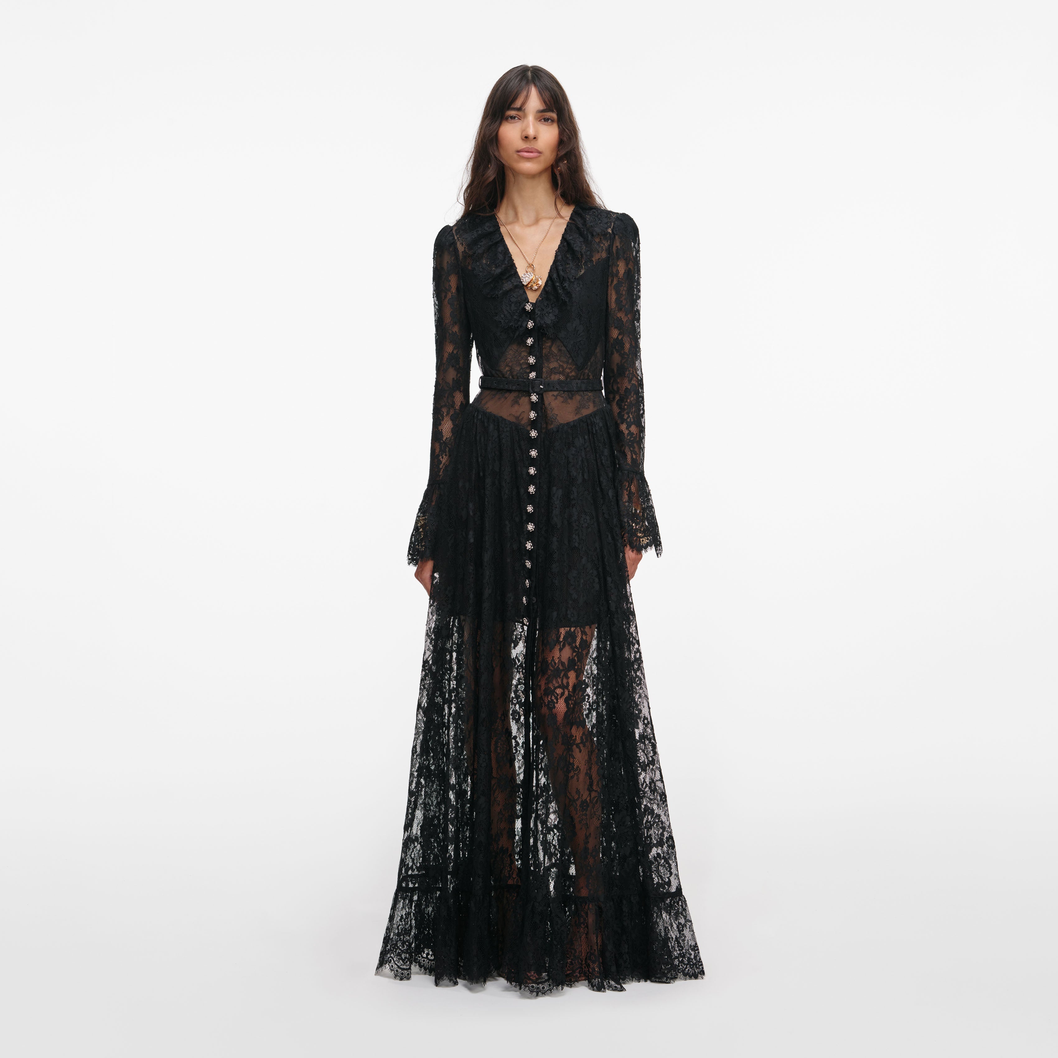 Black Lace Ruffle Maxi Dress – self-portrait-EU