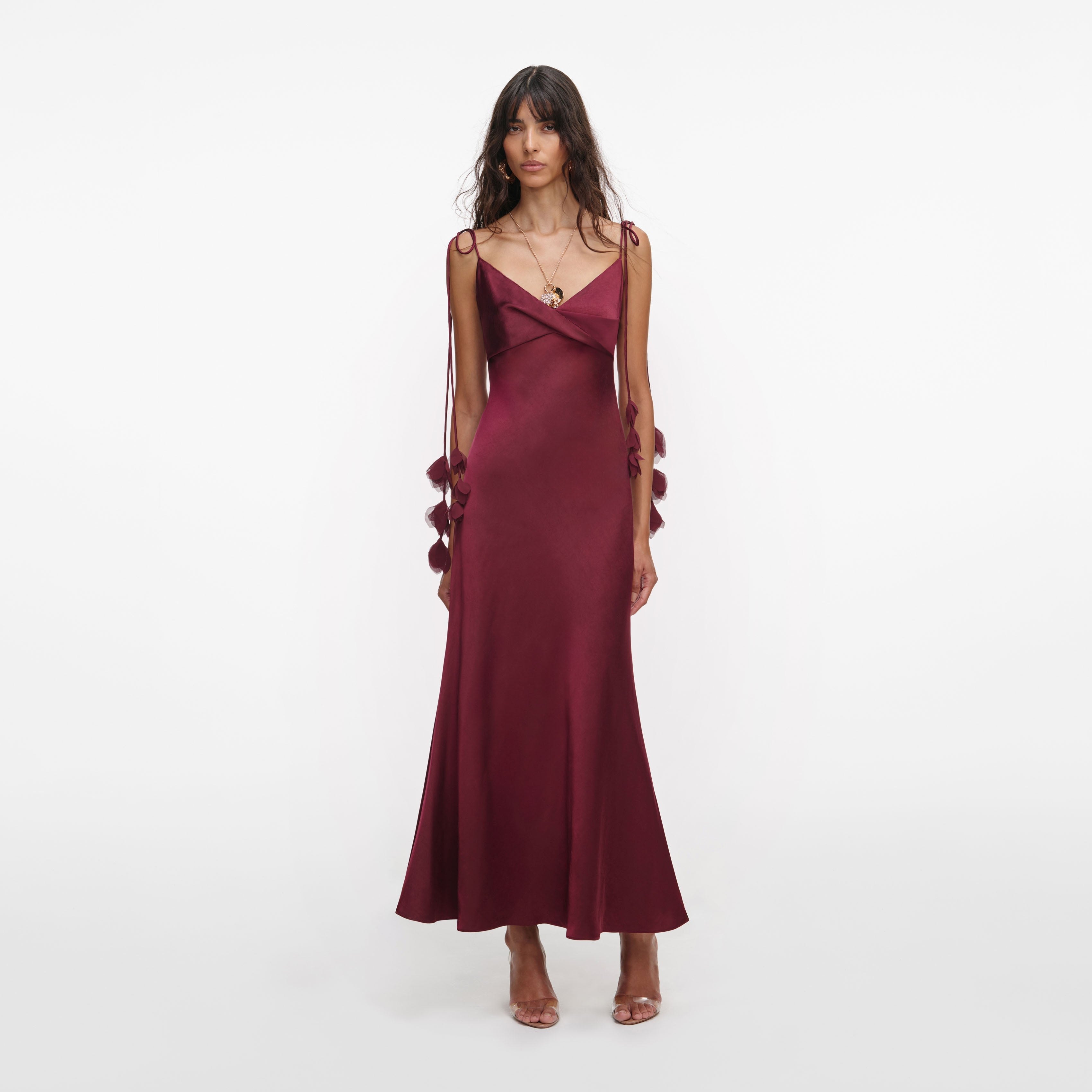 Burgundy Satin Flower Midi Dress – self-portrait-EU