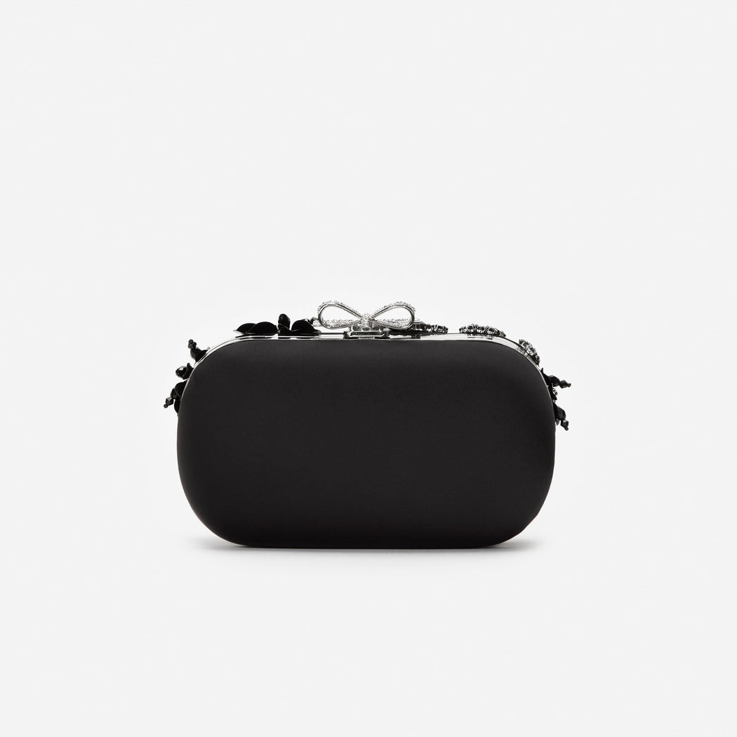 Black Satin Floral Crystal Clutch Bag