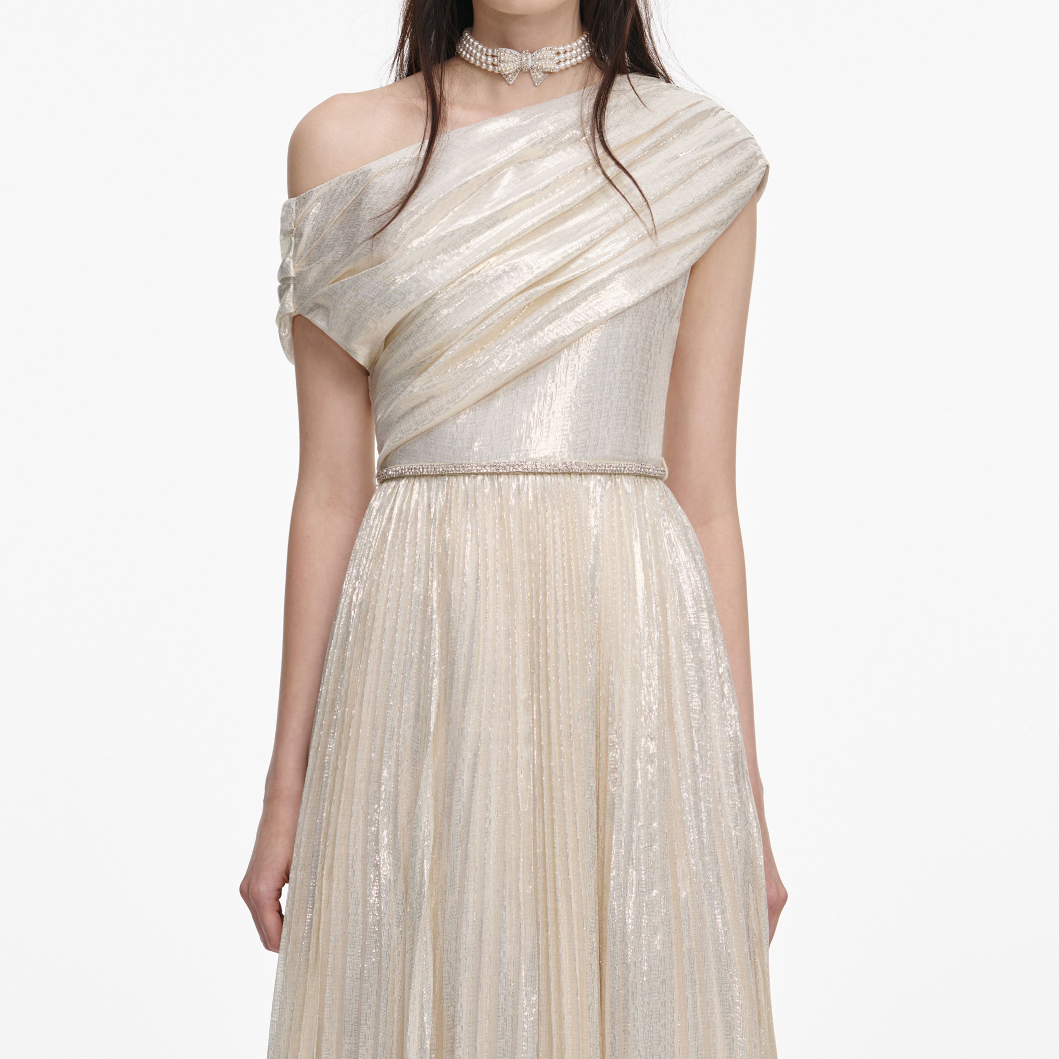 Champagne Metallic Chiffon Maxi Dress