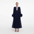 Navy Chiffon Feather Midi Dress